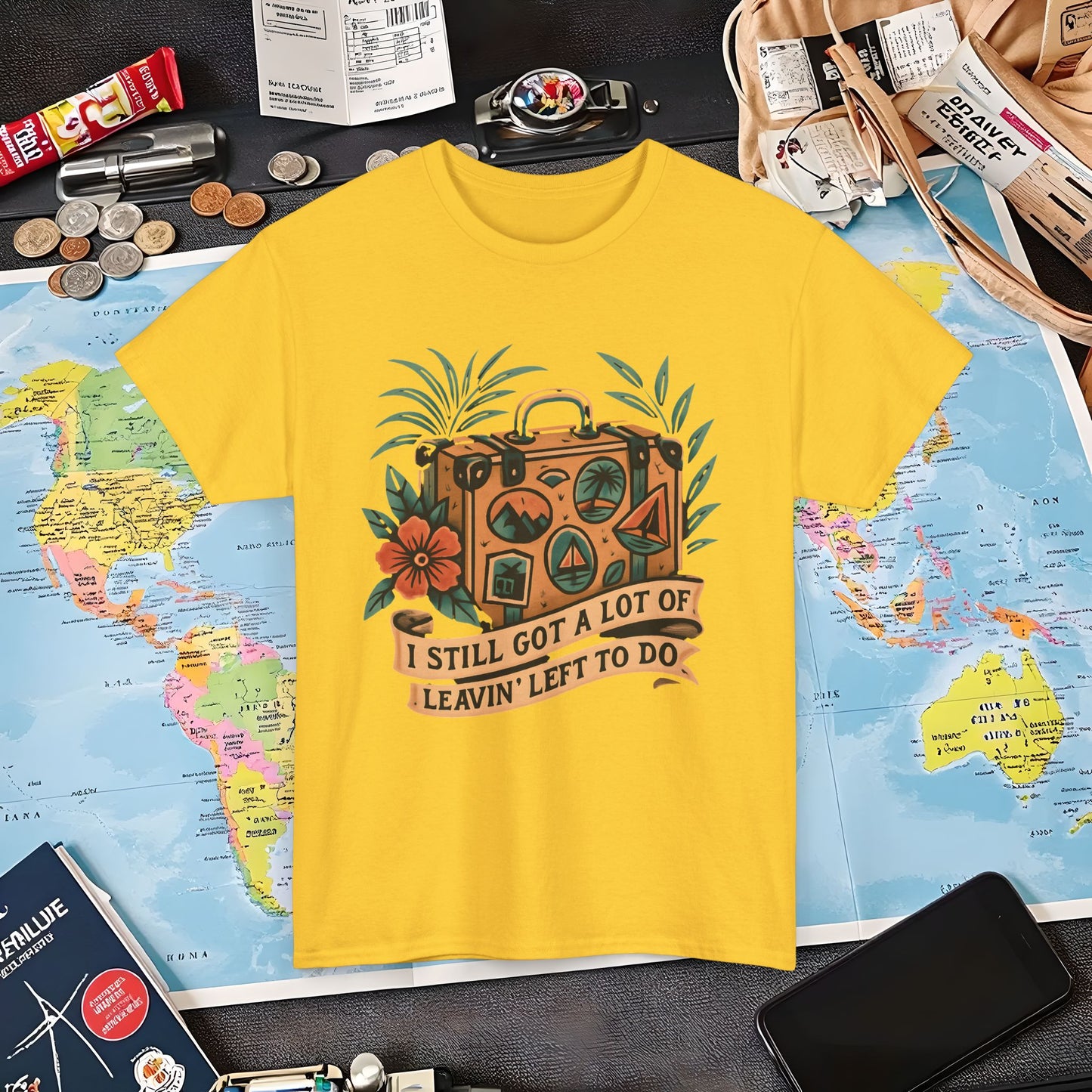 I Still Got a Lot of Leavin’ Left to Do T-Shirt – Vintage Suitcase with Tropical Travel Vibes