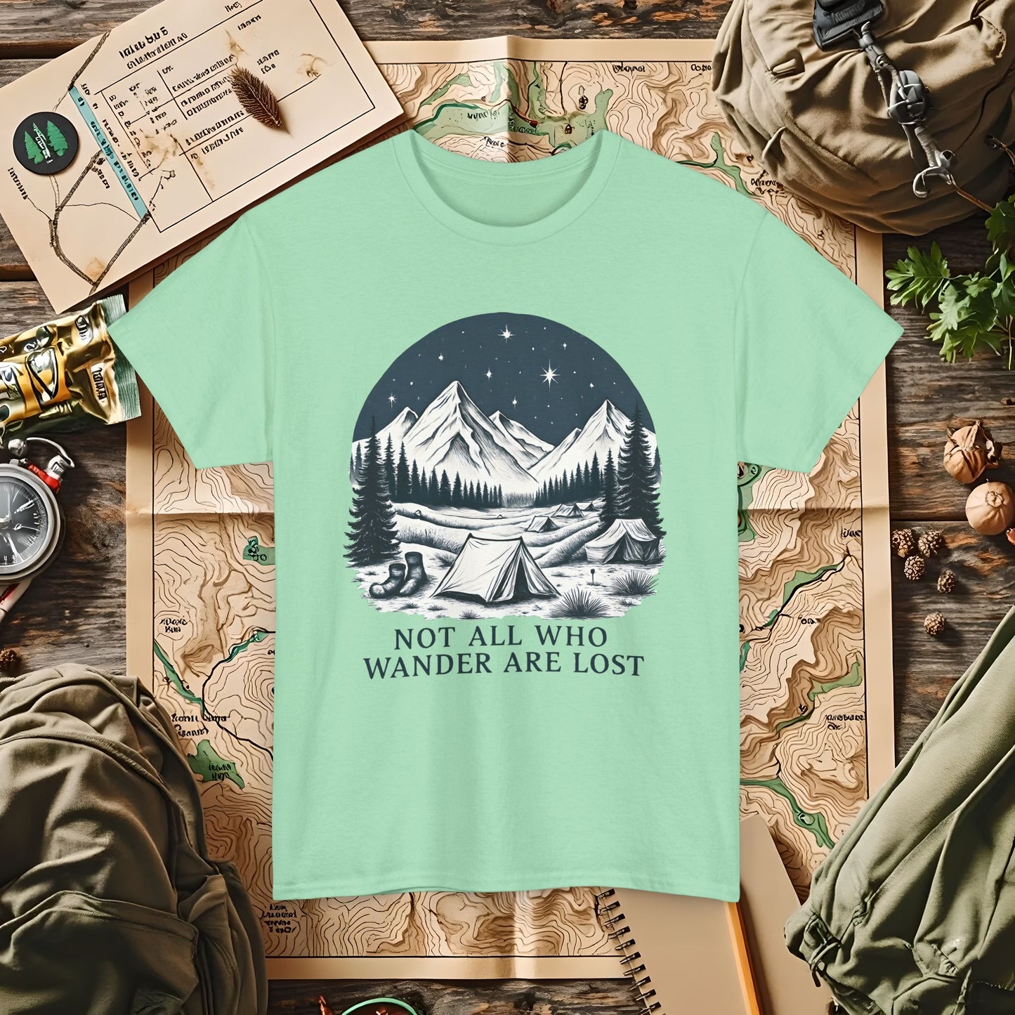 Not All Who Wander Are Lost T-Shirt – Mountain Camping Under Starry Night Camping, Hiking, Rafting & Kayaking Tees for Nature Lovers