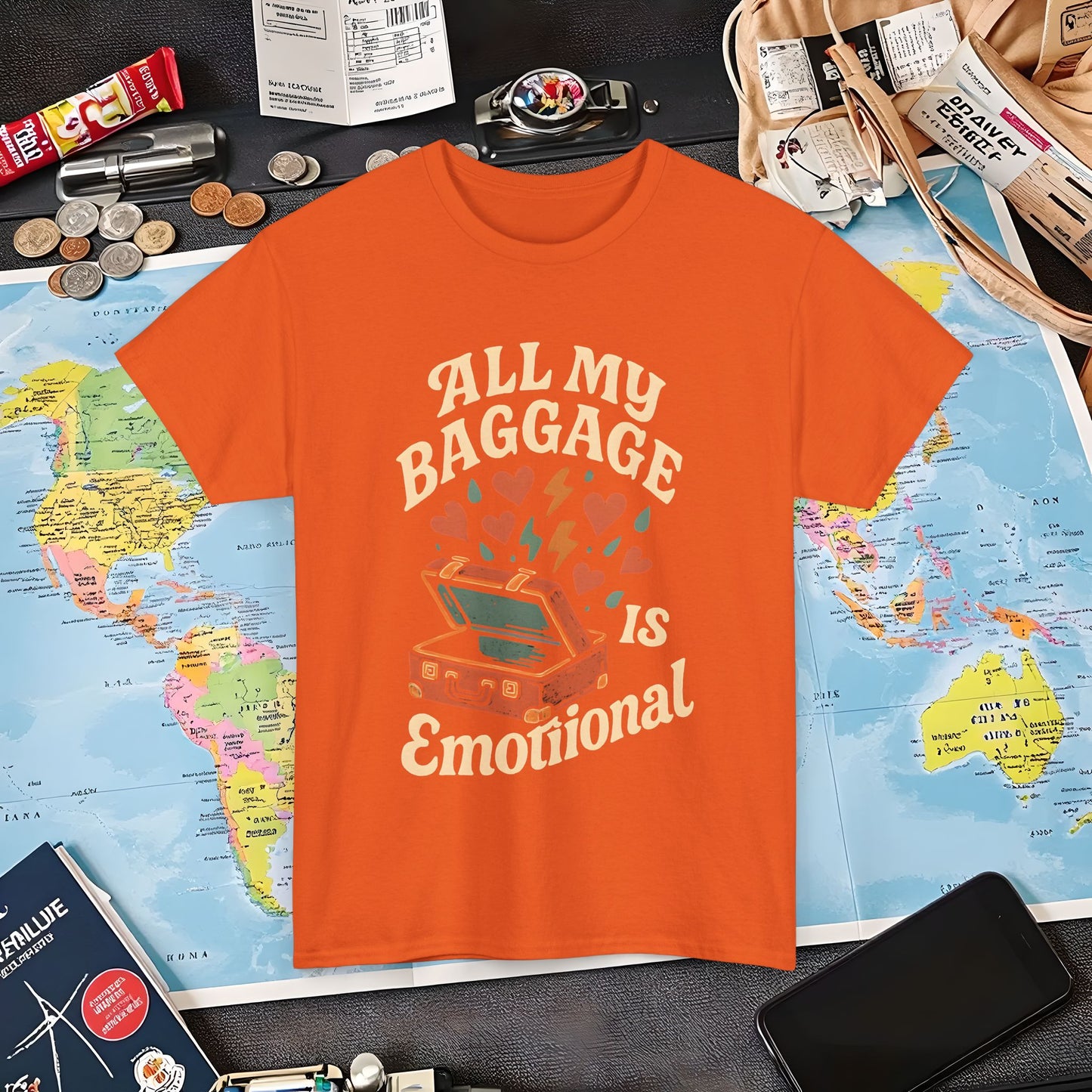All My Baggage Is Emotional – Retro Suitcase Overflowing with Feelings Tee Air Travel T-Shirts | Jetsetter, Airport, and International Flight Tees