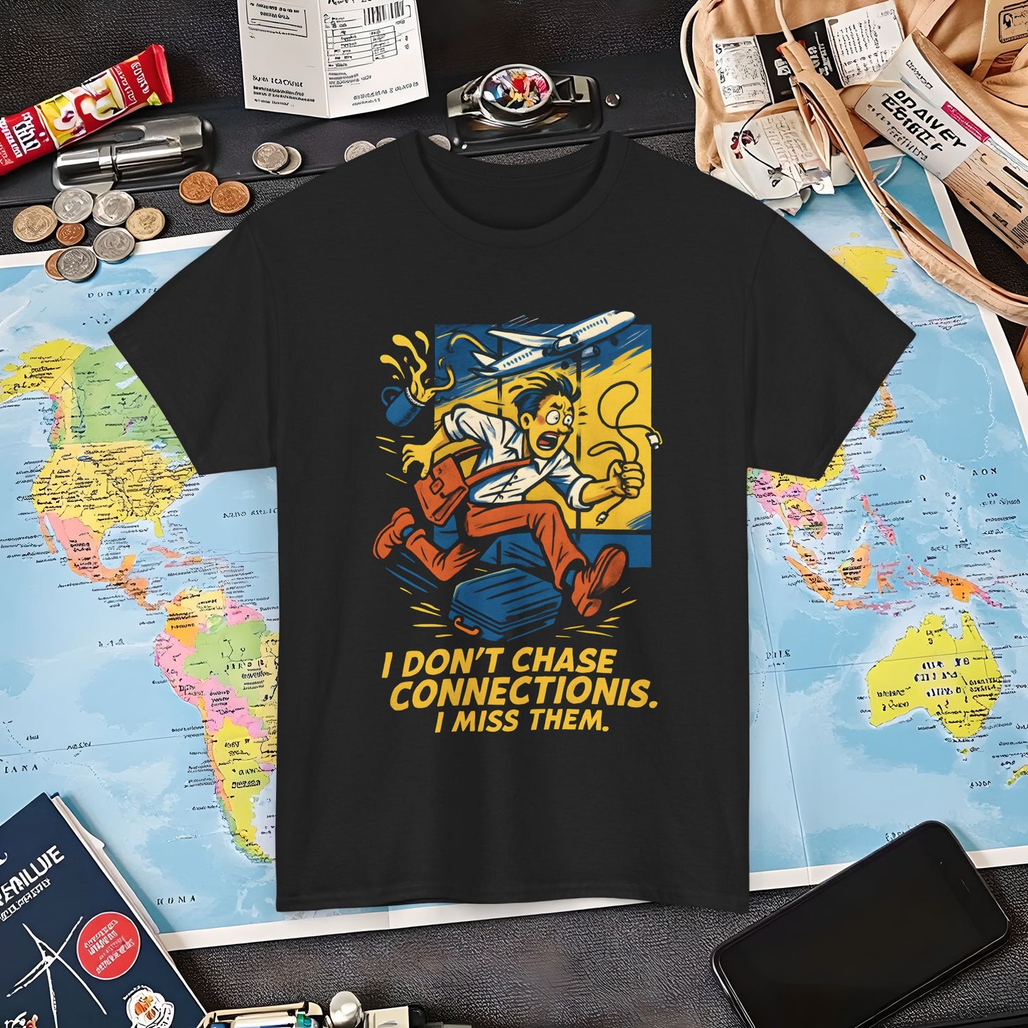 I Don’t Chase Connections, I Miss Them – Frantic Airport Traveler Tee Air Travel T-Shirts | Jetsetter, Airport, and International Flight Tees