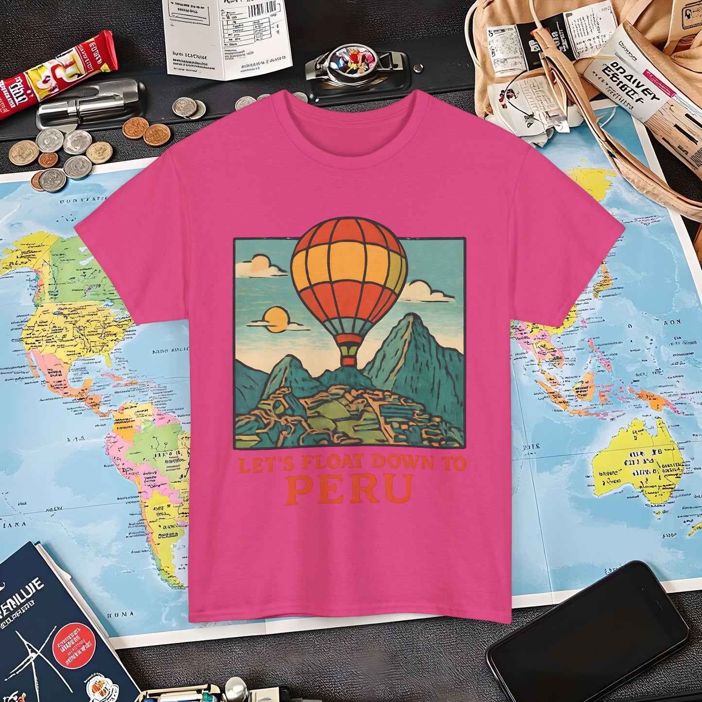 Let’s Float Down to Peru T-Shirt – Vintage Hot-Air Balloon Over Machu Picchu Design Air Travel T-Shirts | Jetsetter, Airport, and International Flight Tees