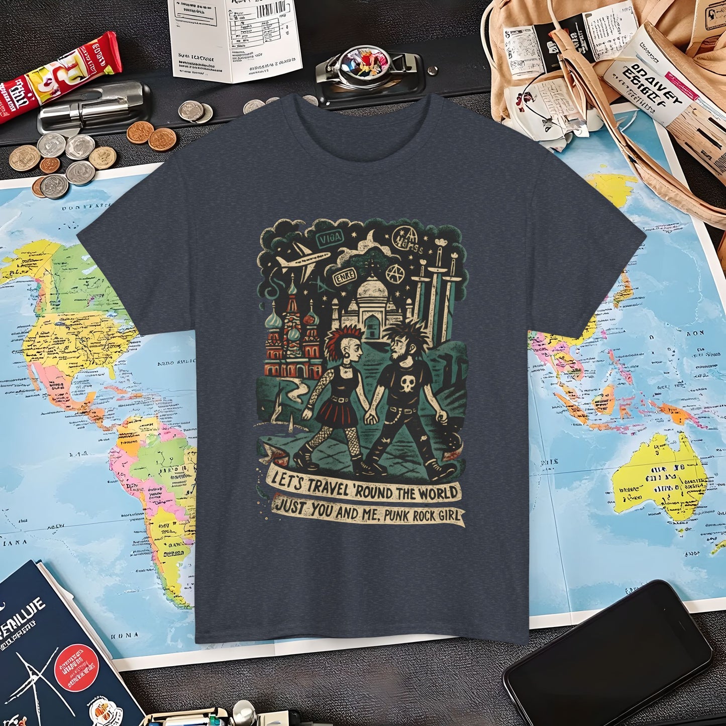 Let’s Travel 'Round the World, Just You and Me – Punk Rock Girl Global Adventure Tee Air Travel T-Shirts | Jetsetter, Airport, and International Flight Tees