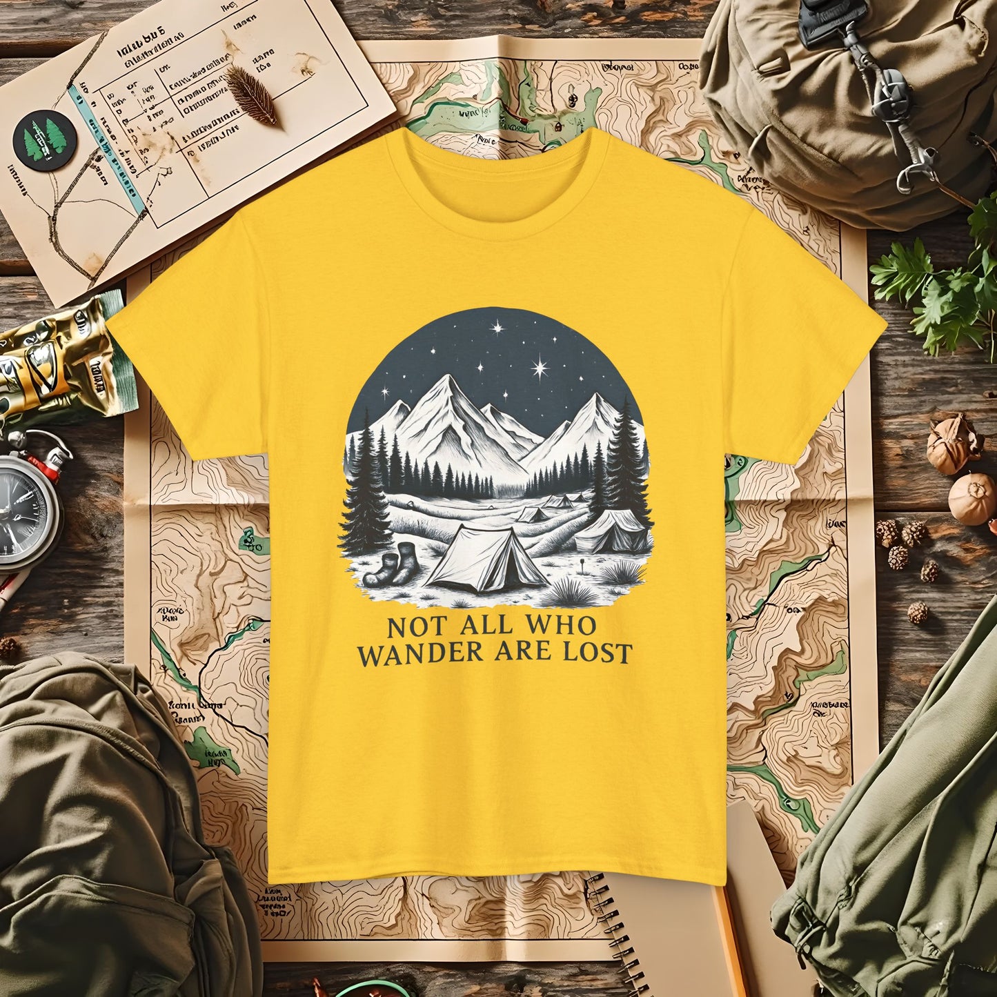 Not All Who Wander Are Lost T-Shirt – Mountain Camping Under Starry Night Camping, Hiking, Rafting & Kayaking Tees for Nature Lovers