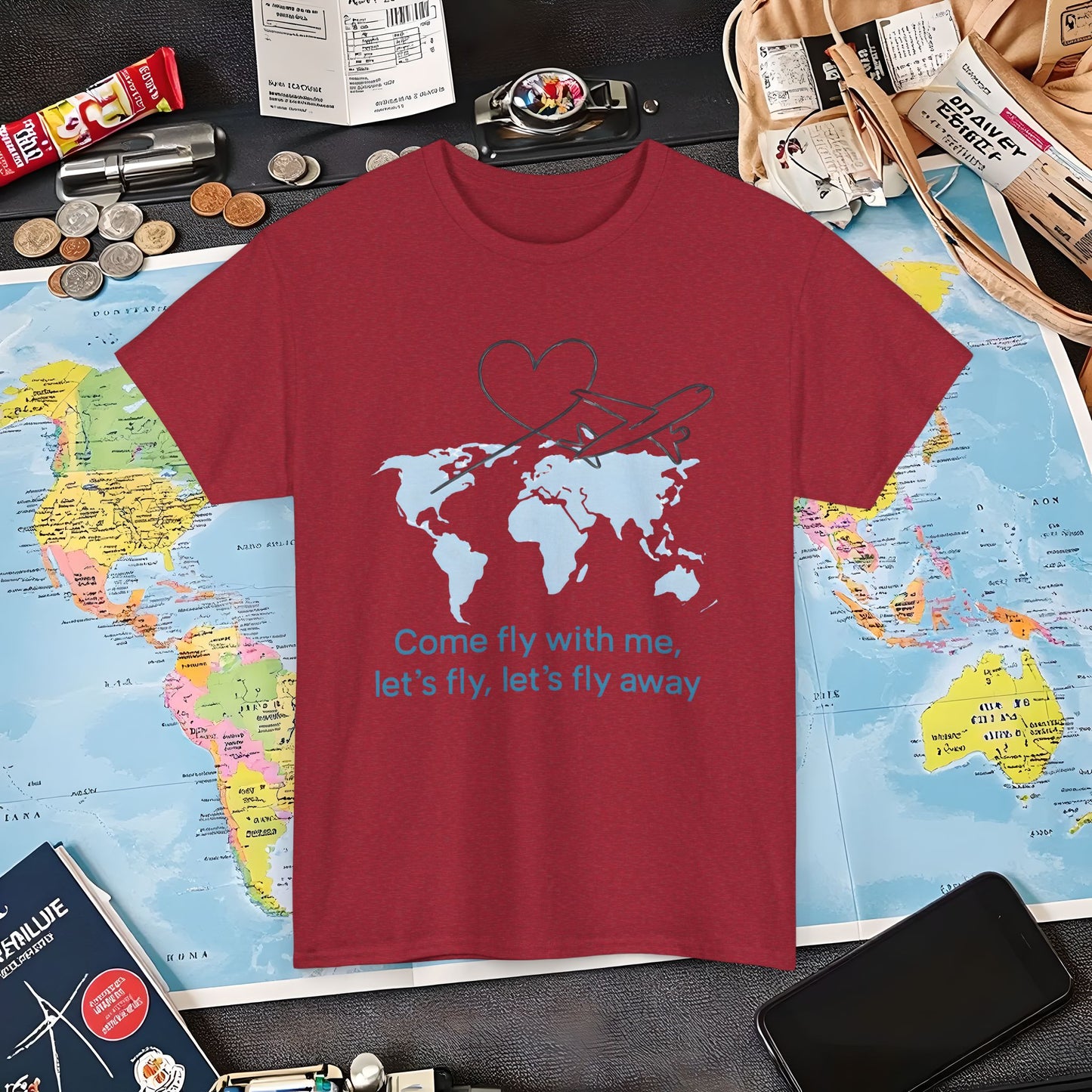 Come Fly With Me T-Shirt – Heart-Loop Airplane Over World Map Design Air Travel T-Shirts | Jetsetter, Airport, and International Flight Tees