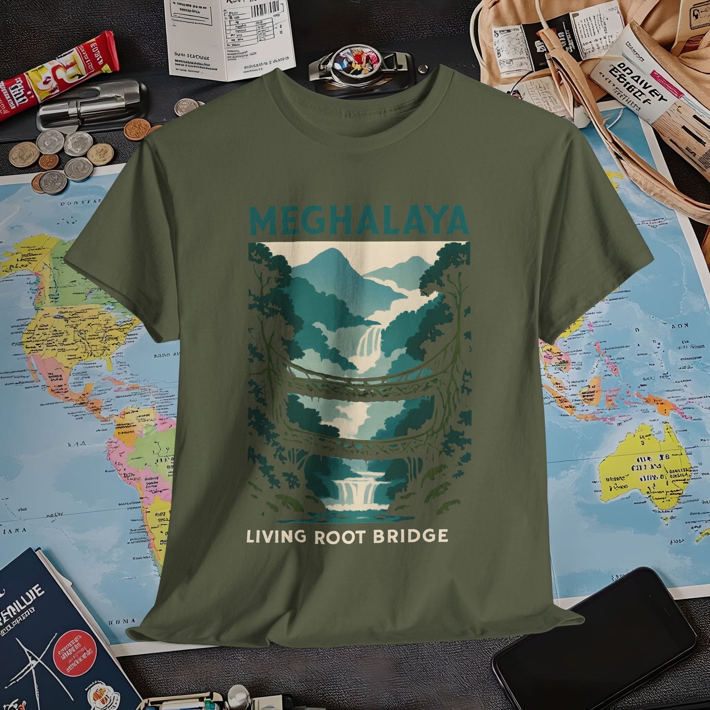 Living Root Bridges of Meghalaya – Hidden India Nature Adventure Tee Air Travel T-Shirts | Jetsetter, Airport, and International Flight Tees