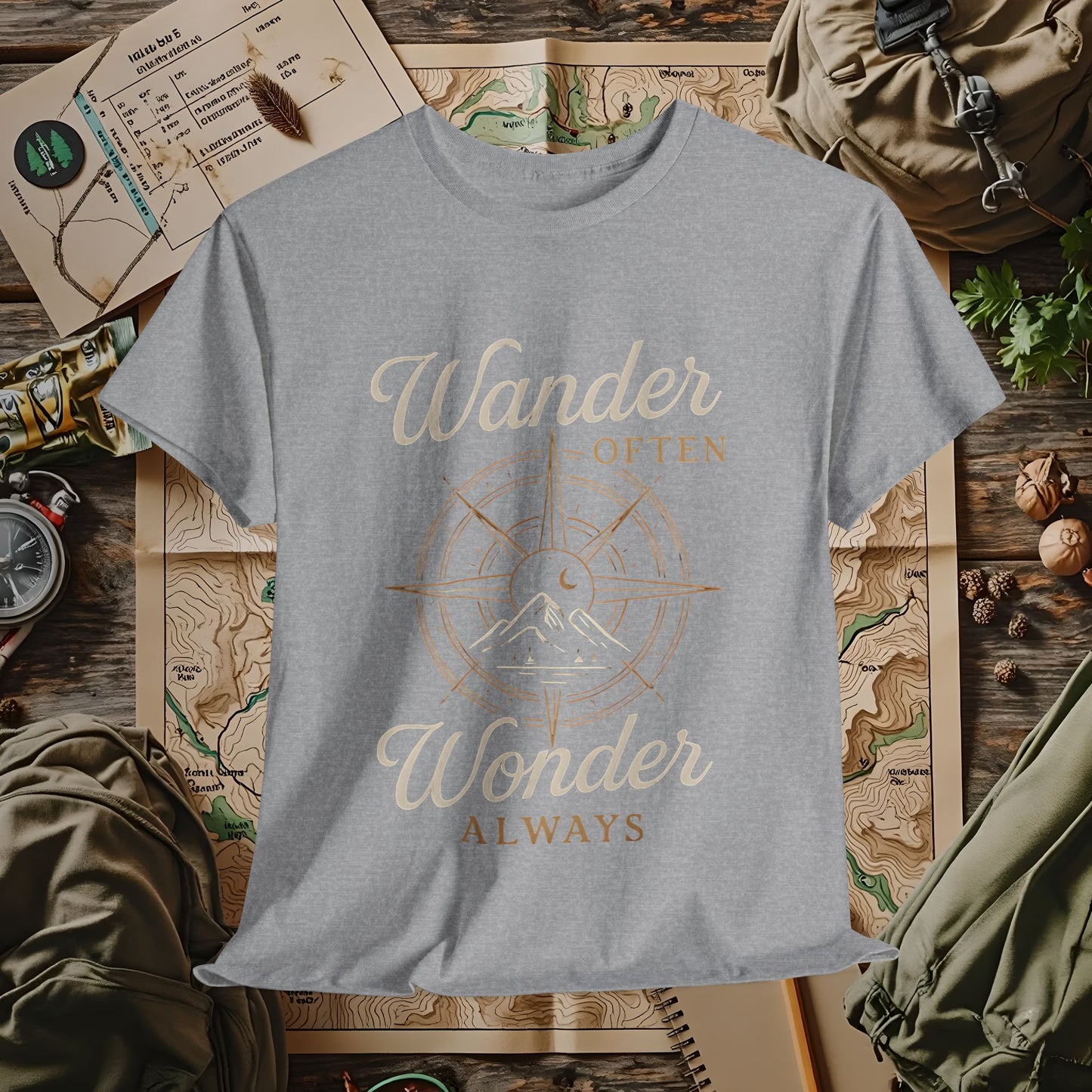Wander Often, Wonder Always – Compass Quote Travel Tee | Camping, Hiking, Rafting & Kayaking Tees for Nature Lovers
