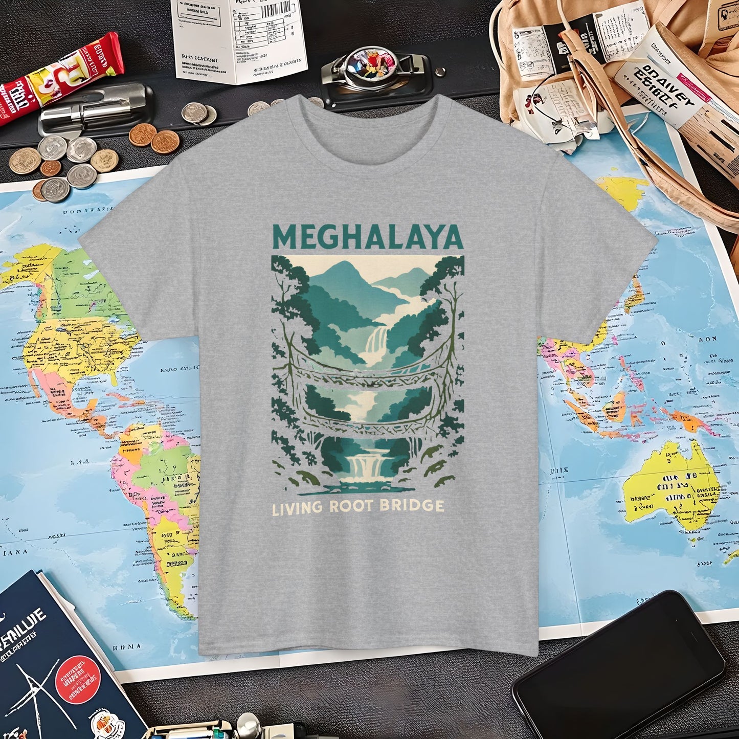 Living Root Bridges of Meghalaya – Hidden India Nature Adventure Tee Air Travel T-Shirts | Jetsetter, Airport, and International Flight Tees