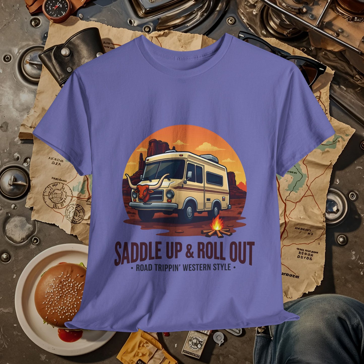 Saddle Up and Roll out Road Trip & Vehicle Travel T-Shirts | Car, RV, and Motorcycle Adventure Tees