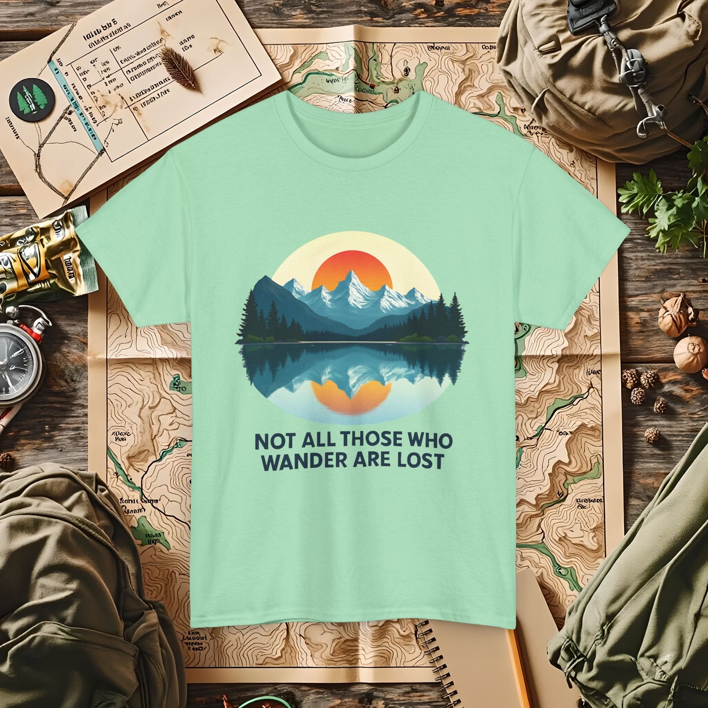 Not All Who Wander Are Lost T-Shirt – Sunset Over Mountain Lake and Forest Reflection Camping, Hiking, Rafting & Kayaking Tees for Nature Lovers