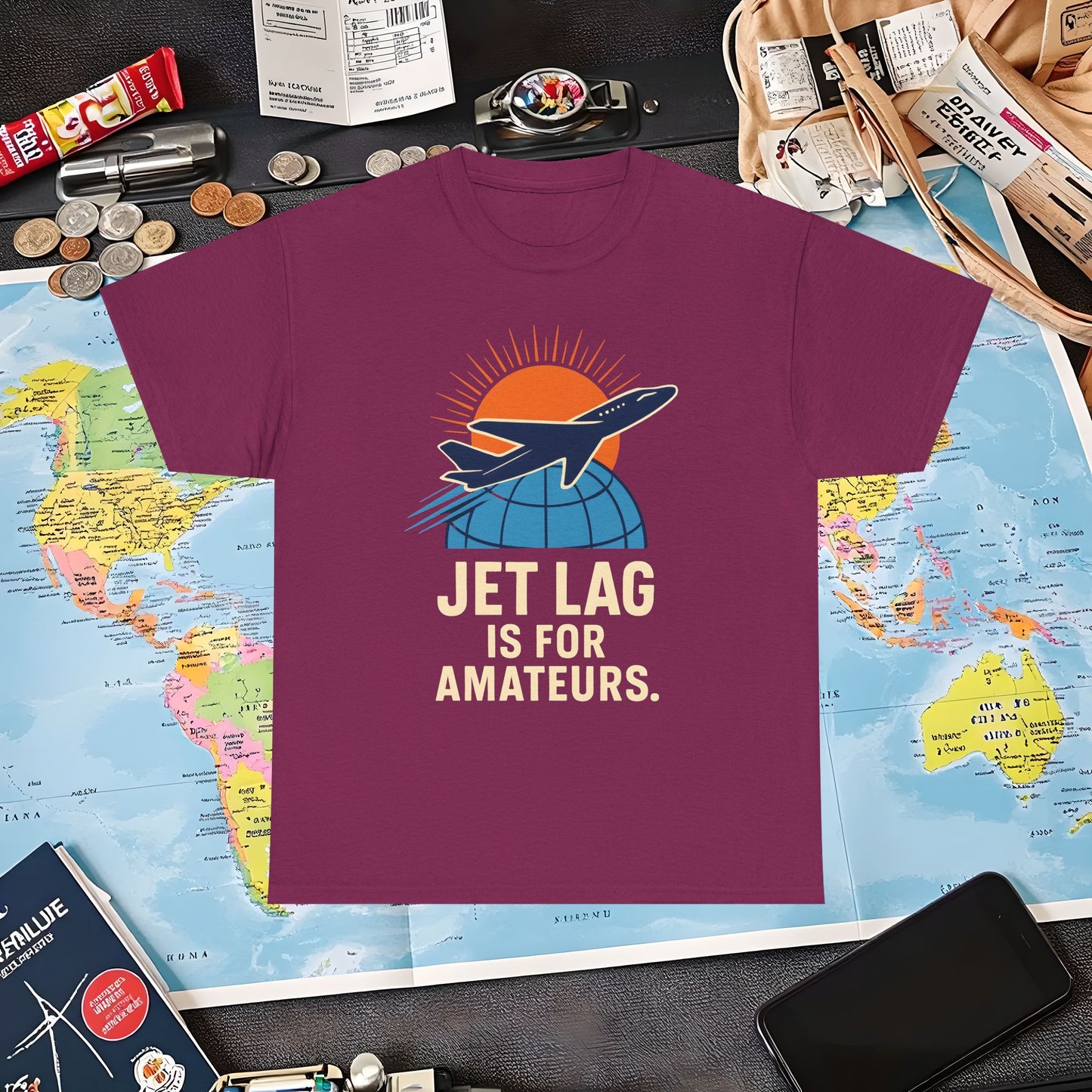 Jet Lag Is for Amateurs Vintage Jet Airplane Globe Bold Quote T-Shirt Air Travel T-Shirts | Jetsetter, Airport, and International Flight Tees