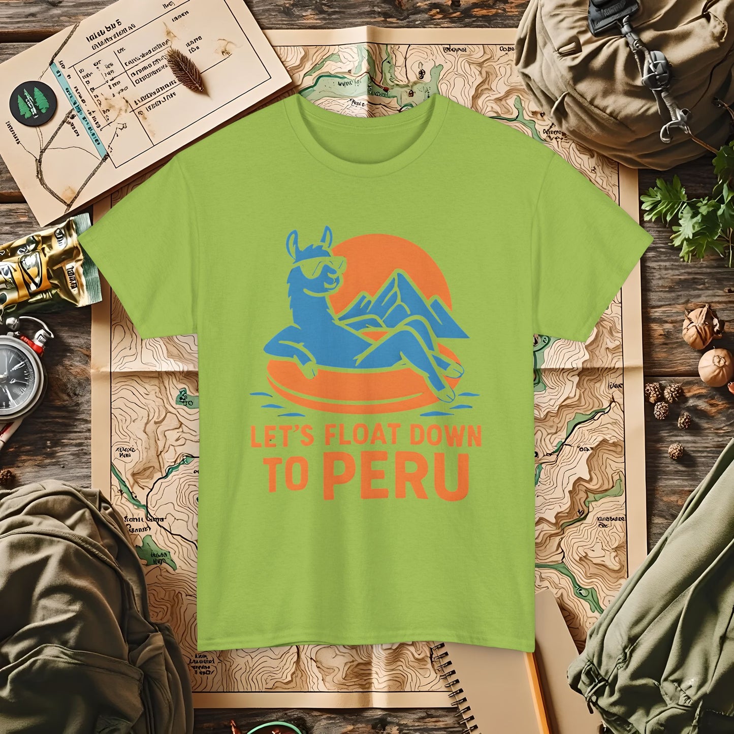 Let’s Float Down to Peru T-Shirt – Chill Llama on Inner Tube and Andes Sunset Outdoor Adventure T-Shirts | Camping, Hiking, Rafting & Kayaking Tees for Nature Lovers