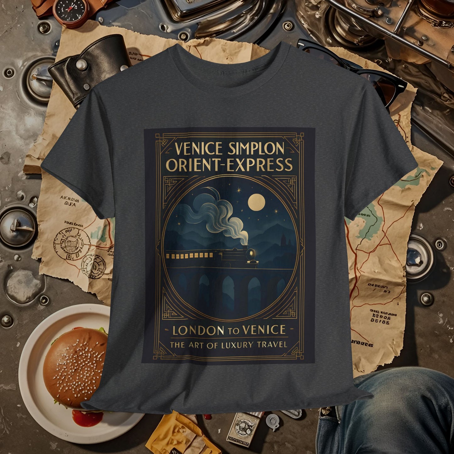 Orient Express at Night – Art Deco Venice Simplon Midnight Train Tee Road Trip & Vehicle Travel T-Shirts | Car, RV, and Motorcycle Adventure Tees