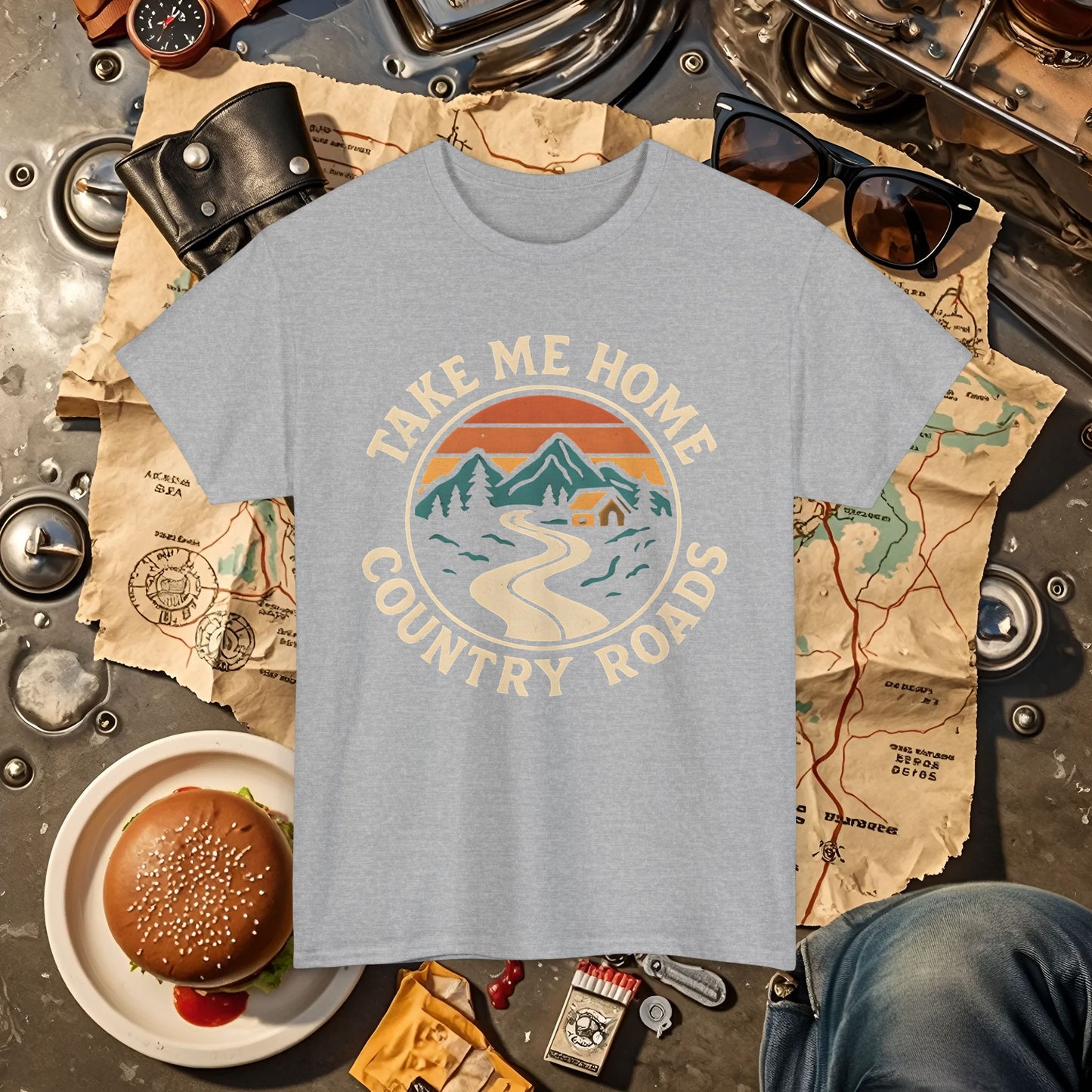 Take Me Home Country Roads T-Shirt – Retro Mountain Road to Cozy Cabin Design Road Trip & Vehicle Travel T-Shirts | Car, RV, and Motorcycle Adventure Tees