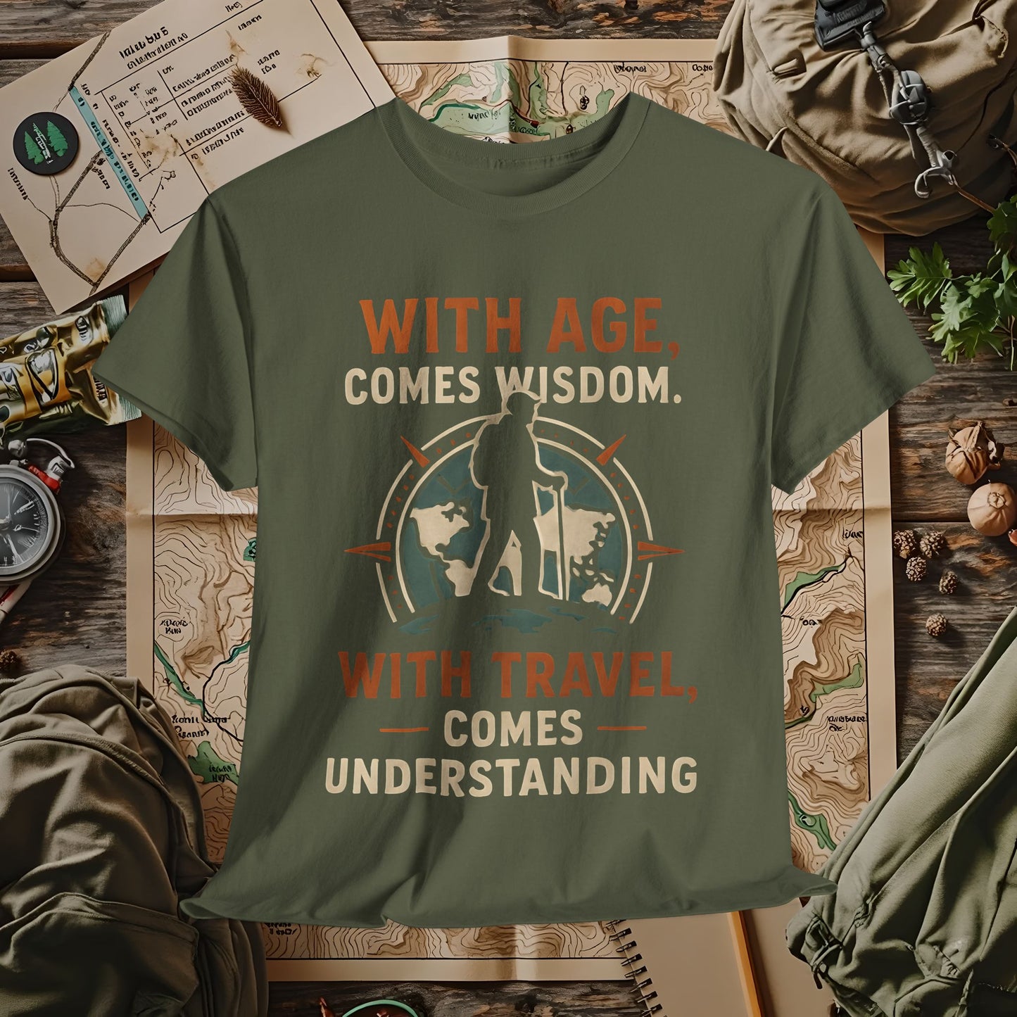 With Age Comes Wisdom, With Travel Comes Understanding Tee – Explorer Compass Design | Camping, Hiking, Rafting & Kayaking Tees for Nature Lovers