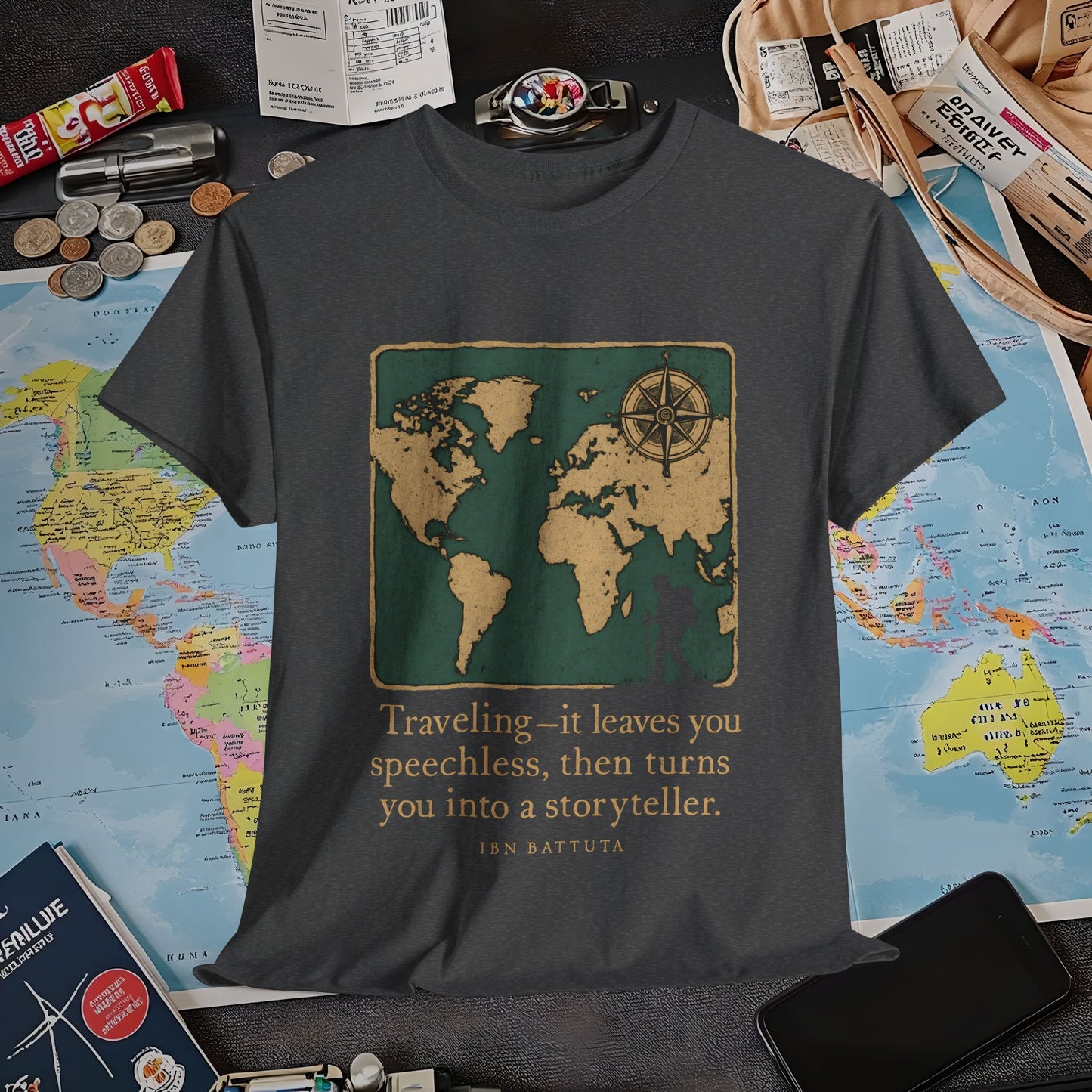 Speechless to Storyteller – Vintage Map Wanderlust Quote Tee Air Travel T-Shirts | Jetsetter, Airport, and International Flight Tees