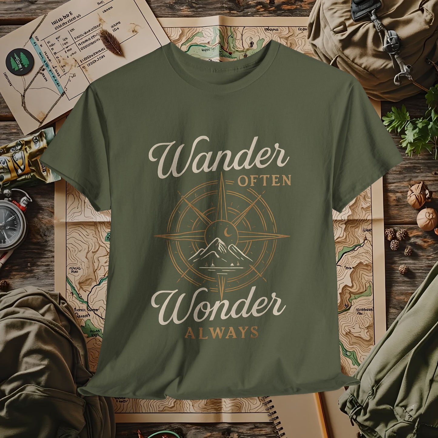 Wander Often, Wonder Always – Compass Quote Travel Tee | Camping, Hiking, Rafting & Kayaking Tees for Nature Lovers