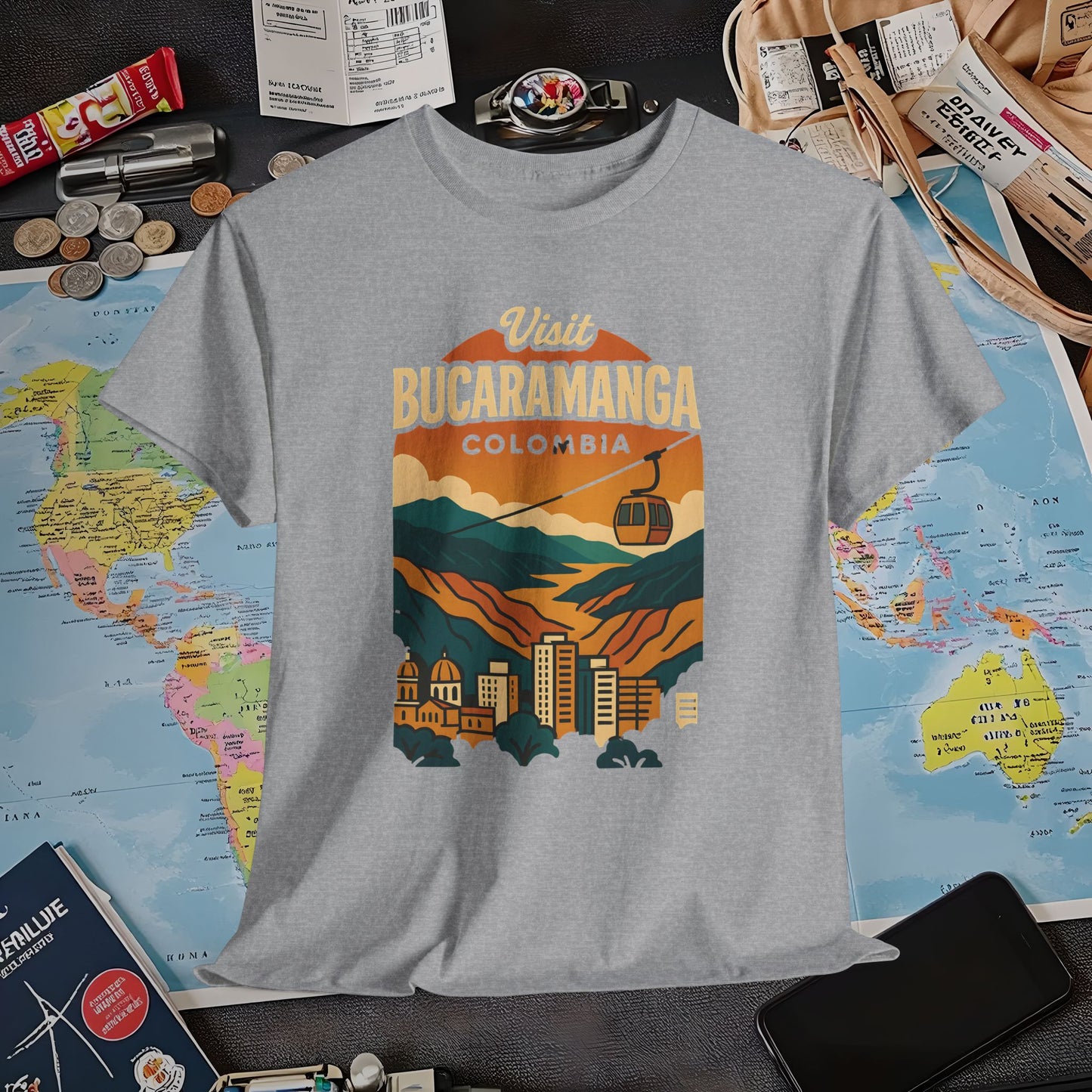 Retro Bucaramanga Skyline with Chicamocha Canyon – Vintage Colombia Travel Tee | Layover Club Air Travel T-Shirts | Jetsetter, Airport, and International Flight Tees