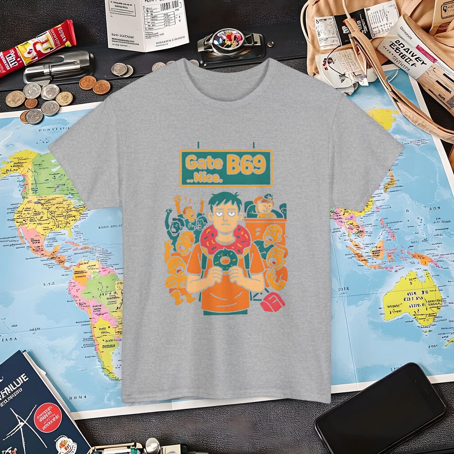 Gate B69 Deadpan Traveler T-Shirt — Chill at Chaotic Airport Terminal Layover Tee Air Travel T-Shirts | Jetsetter, Airport, and International Flight Tees
