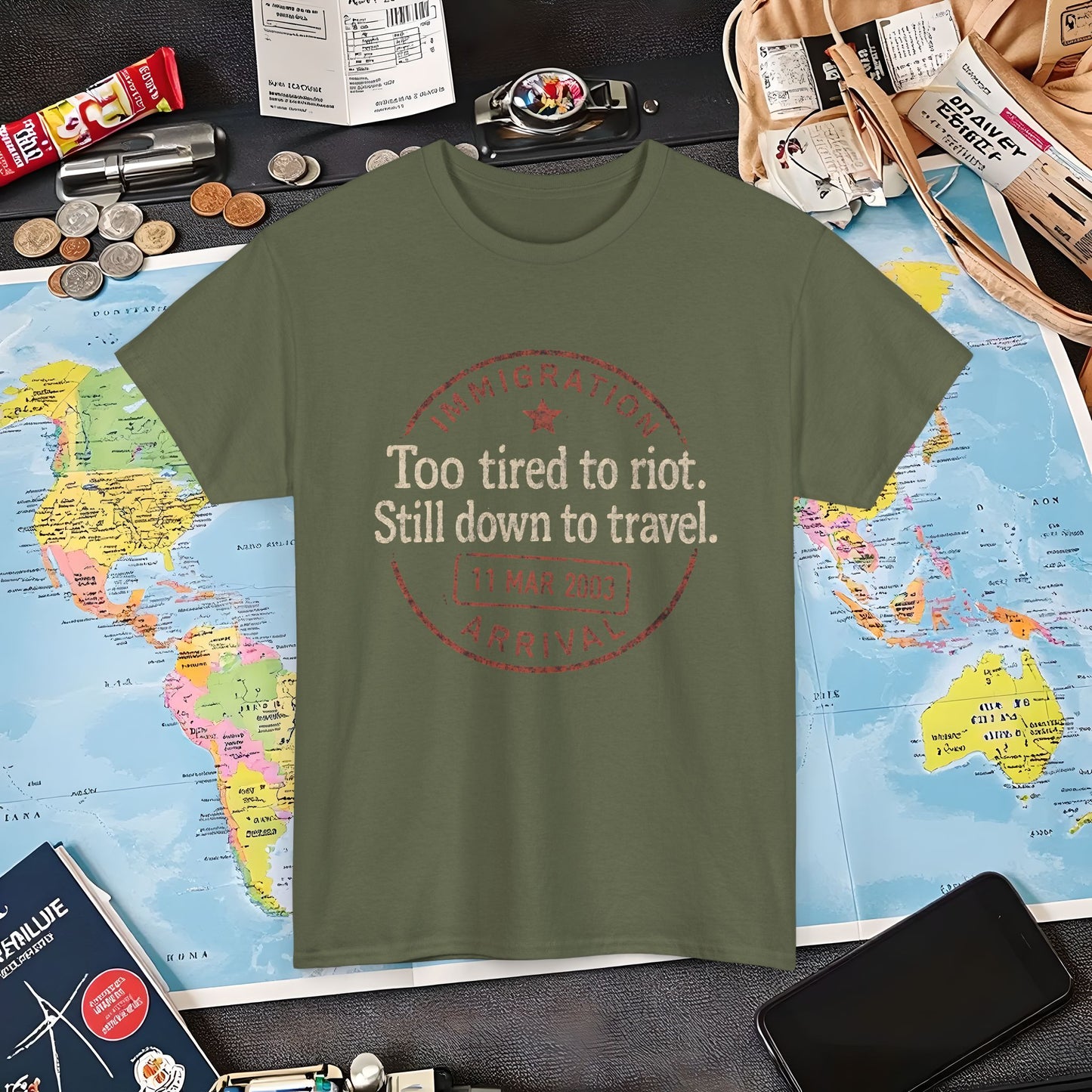 Too Tired to Riot, Still Down to Travel – Vintage Passport Stamp Travel Quote Tee Air Travel T-Shirts | Jetsetter, Airport, and International Flight Tees