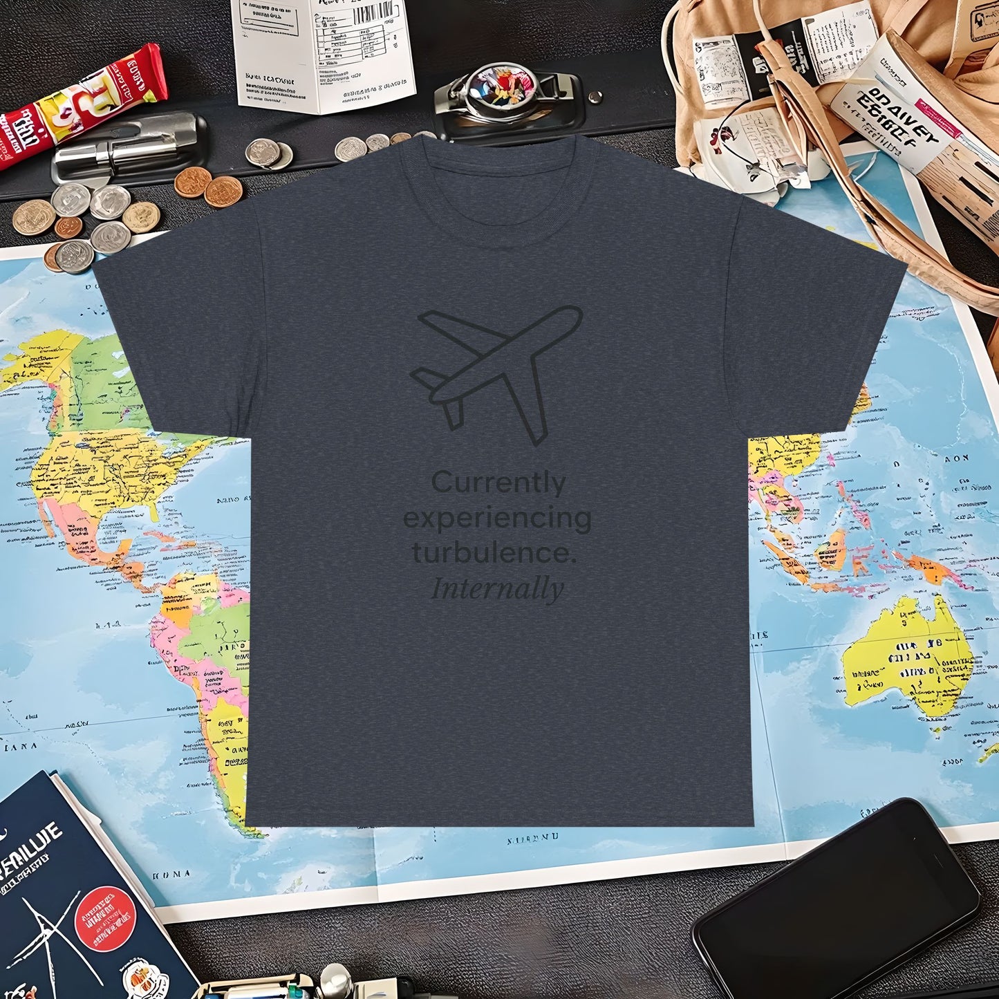 Currently Experiencing Turbulence Internally Tee – Minimalist Airplane Quote Shirt Air Travel T-Shirts | Jetsetter, Airport, and International Flight Tees