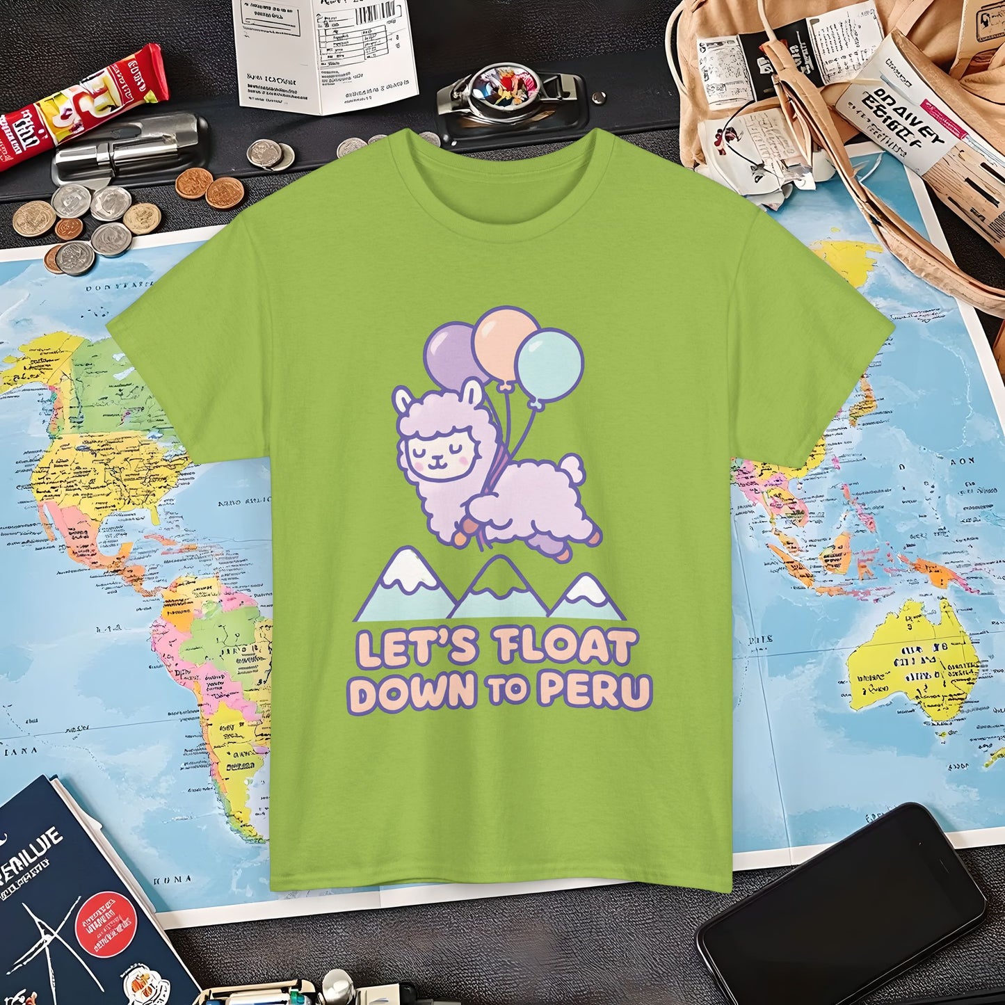 Let’s Float Down to Peru T-Shirt – Kawaii Alpaca Over Snowy Mountain Peaks Air Travel T-Shirts | Jetsetter, Airport, and International Flight Tees