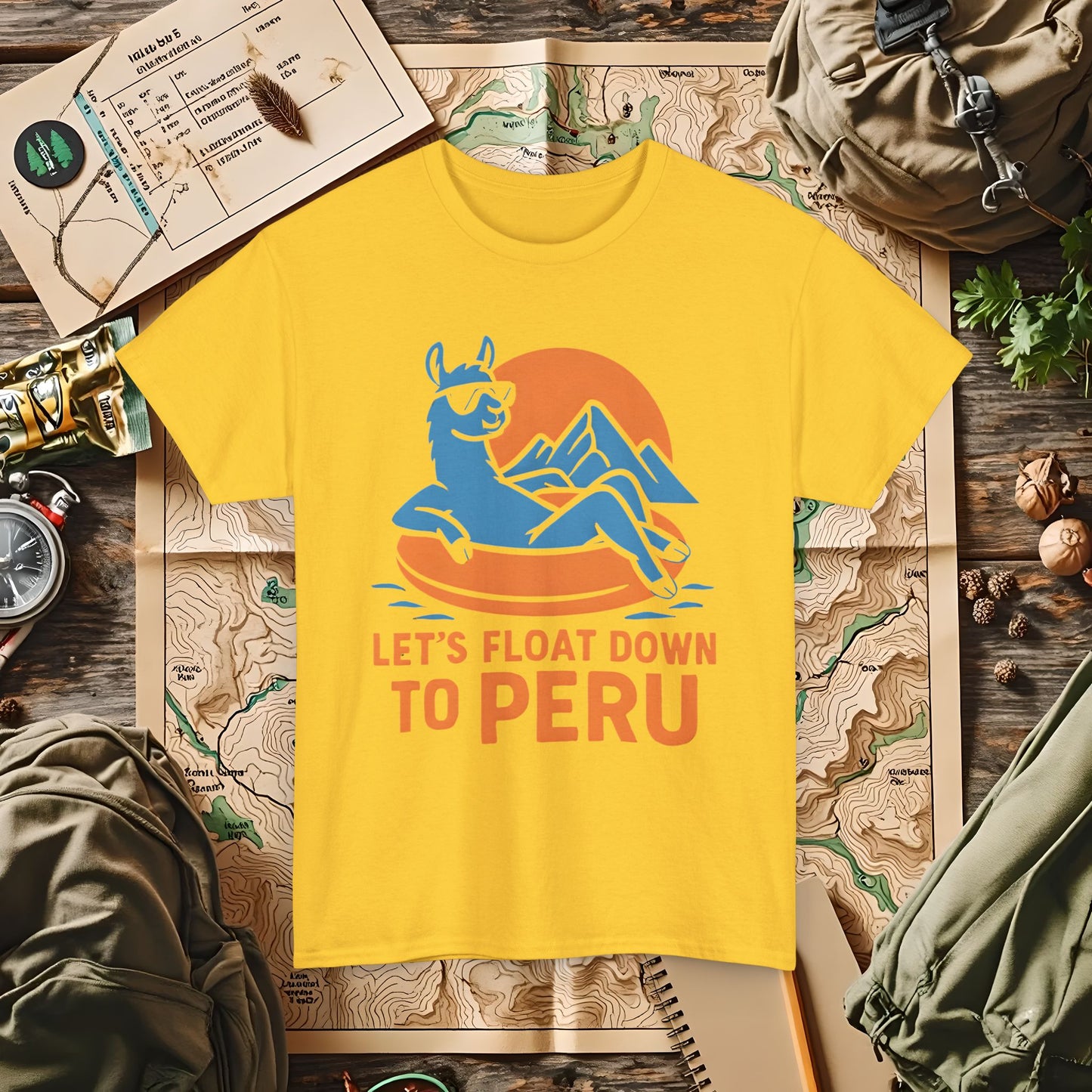 Let’s Float Down to Peru T-Shirt – Chill Llama on Inner Tube and Andes Sunset Outdoor Adventure T-Shirts | Camping, Hiking, Rafting & Kayaking Tees for Nature Lovers