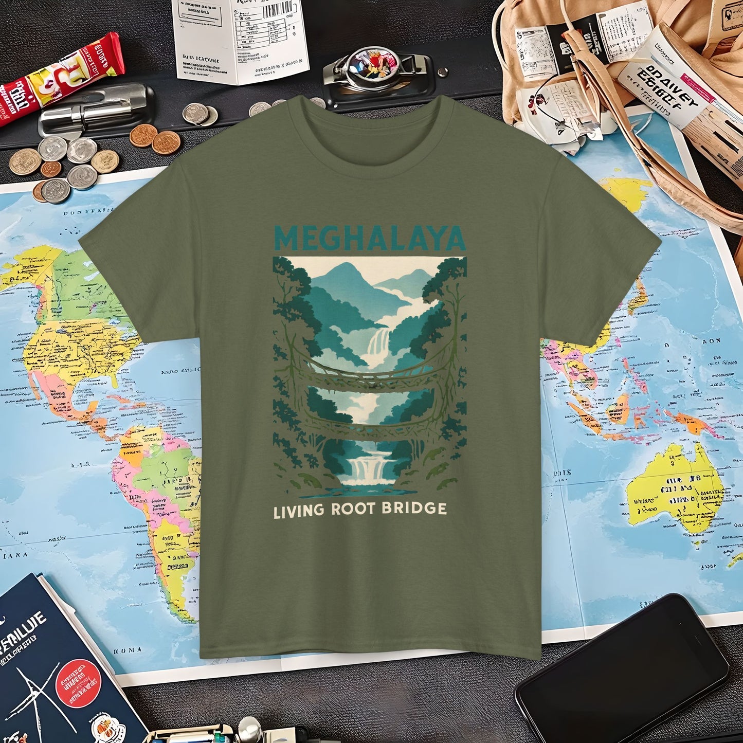 Living Root Bridges of Meghalaya – Hidden India Nature Adventure Tee Air Travel T-Shirts | Jetsetter, Airport, and International Flight Tees