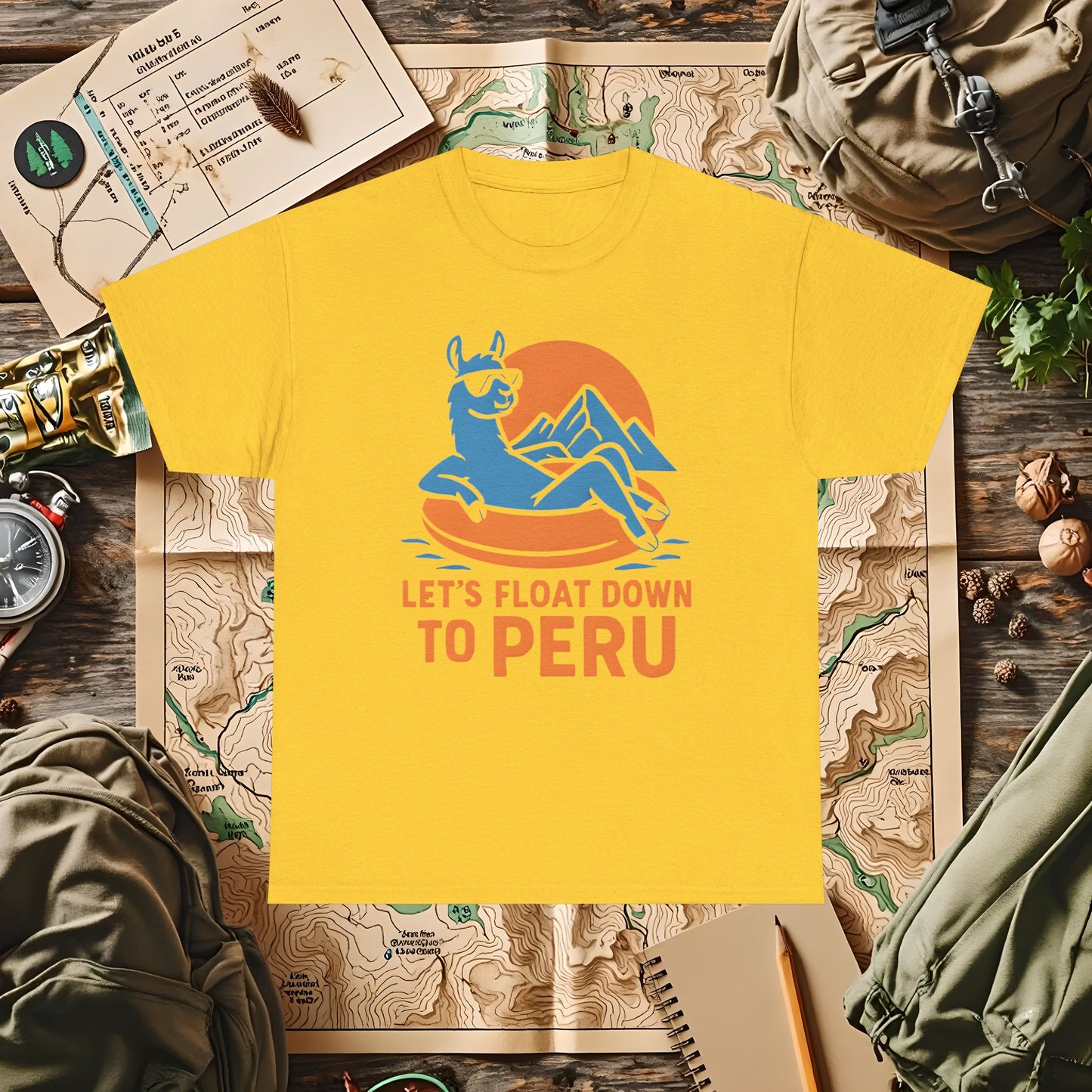 Let’s Float Down to Peru T-Shirt – Chill Llama on Inner Tube and Andes Sunset Outdoor Adventure T-Shirts | Camping, Hiking, Rafting & Kayaking Tees for Nature Lovers