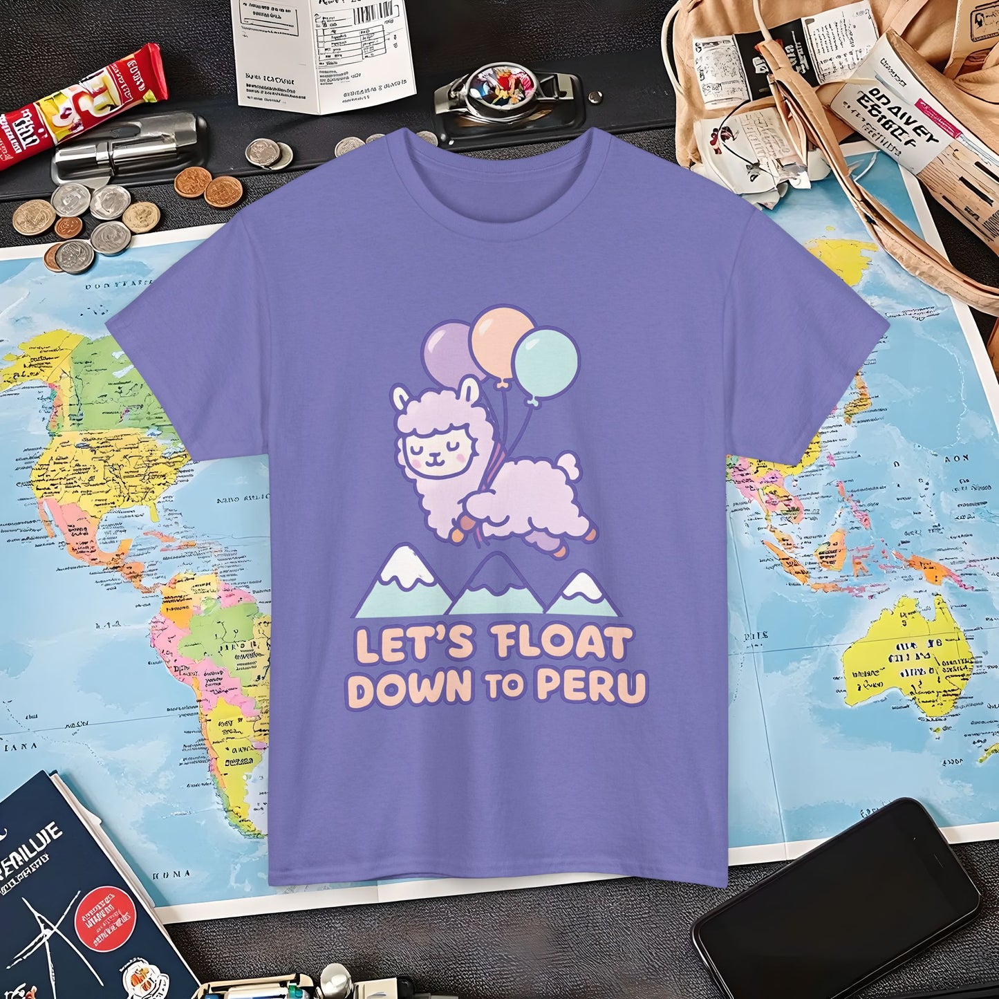 Let’s Float Down to Peru T-Shirt – Kawaii Alpaca Over Snowy Mountain Peaks Air Travel T-Shirts | Jetsetter, Airport, and International Flight Tees
