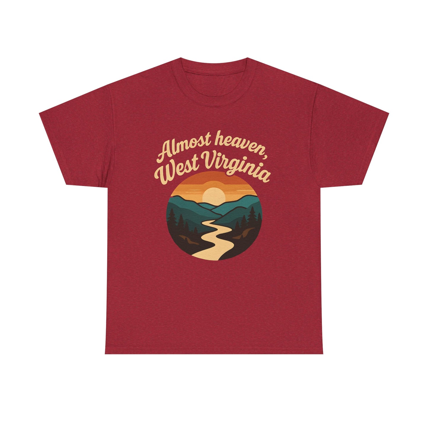 Almost Heaven, West Virginia T-Shirt – Vintage Appalachian Sunset with Winding River Road Trip & Vehicle Travel T-Shirts | Car, RV, and Motorcycle Adventure Tees