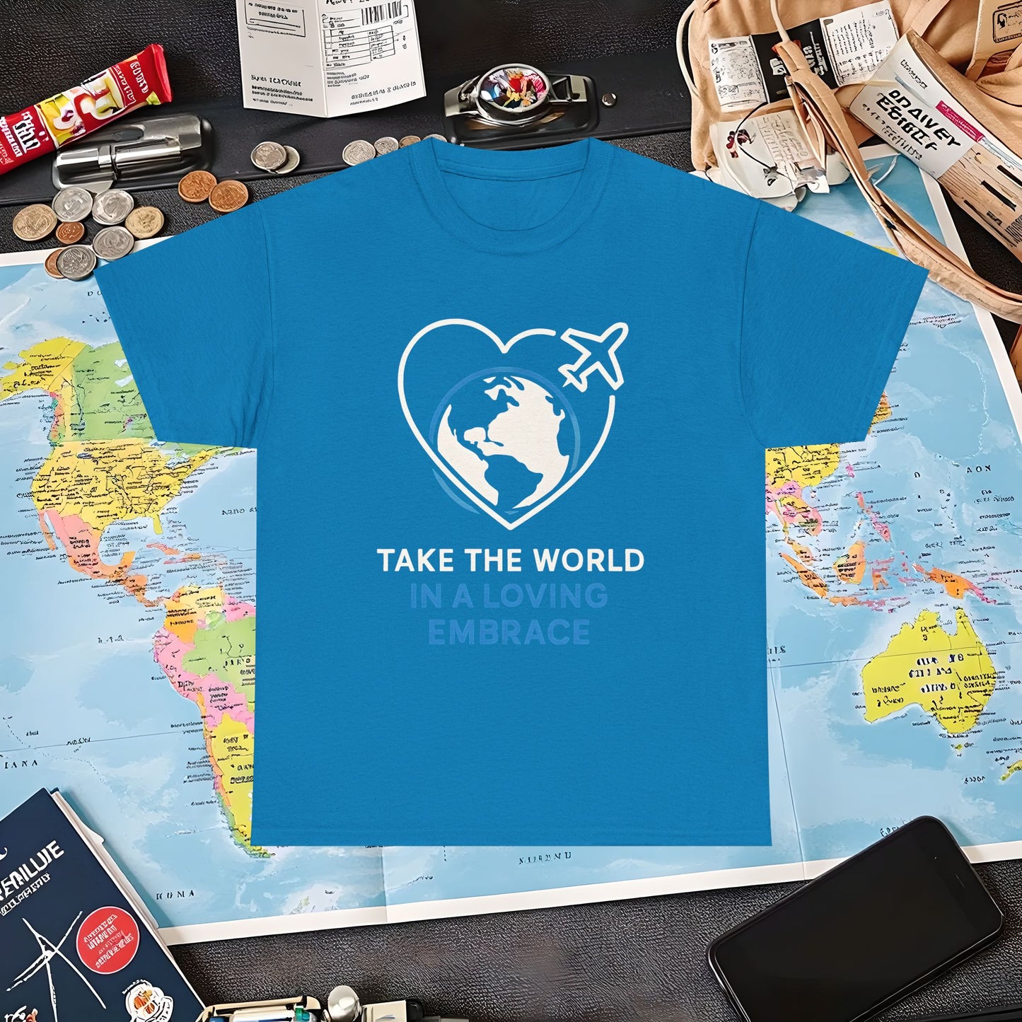 Take the World in a Loving Embrace T-Shirt – Heart in Flight Over Globe Design Air Travel T-Shirts | Jetsetter, Airport, and International Flight Tees
