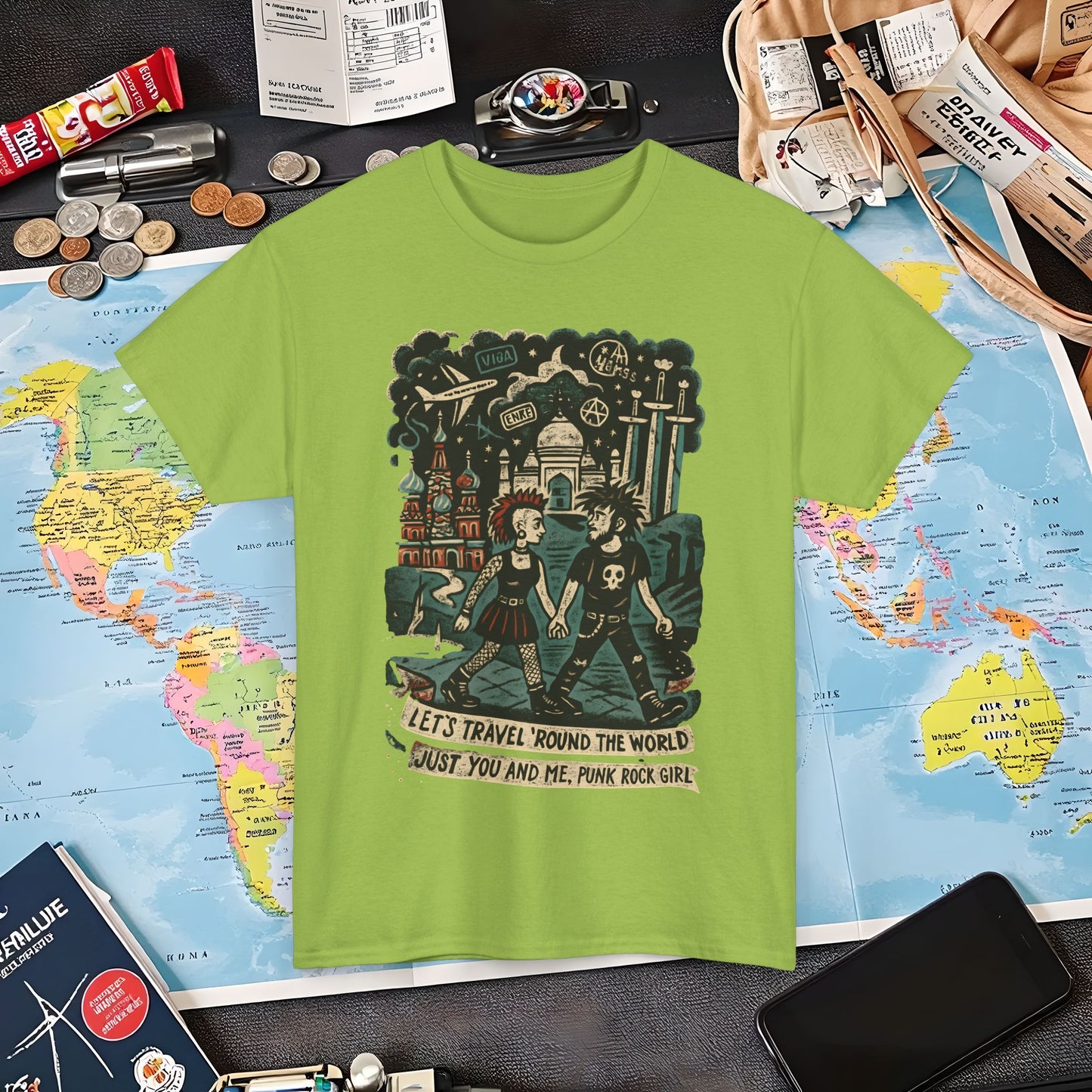 Let’s Travel 'Round the World, Just You and Me – Punk Rock Girl Global Adventure Tee Air Travel T-Shirts | Jetsetter, Airport, and International Flight Tees