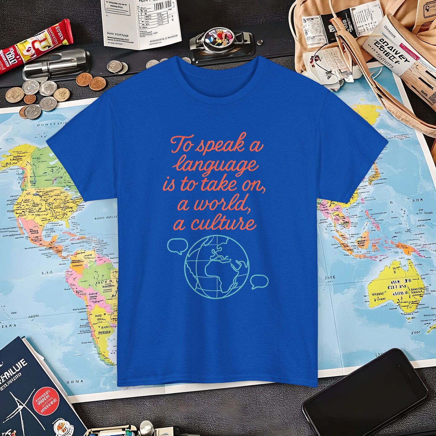 To Speak a Language Is to Take on a World – Cultural Connection Tee with Globe & Speech Bubbles | Layover Club Air Travel T-Shirts | Jetsetter, Airport, and International Flight Tees