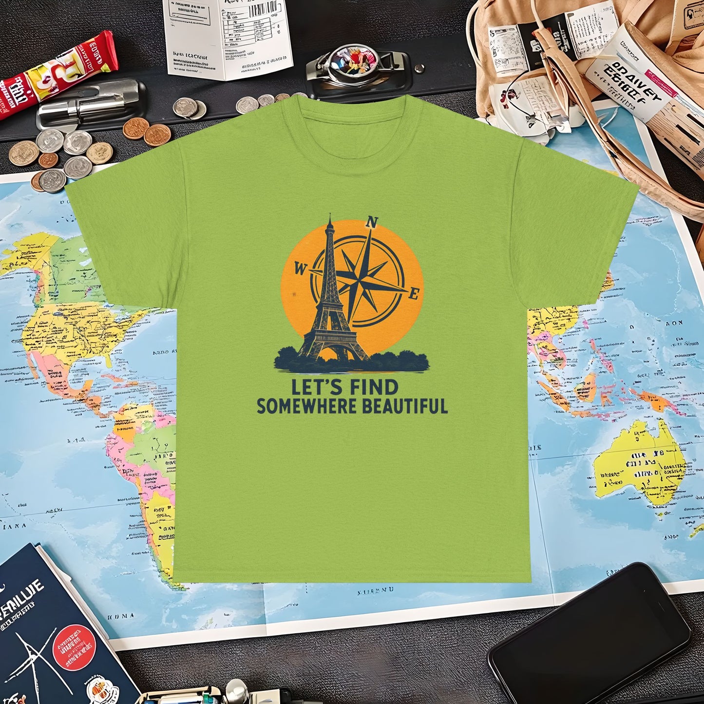 Eiffel Tower and Compass T-Shirt – Let’s Find Somewhere Beautiful Adventure Design Air Travel T-Shirts | Jetsetter, Airport, and International Flight Tees