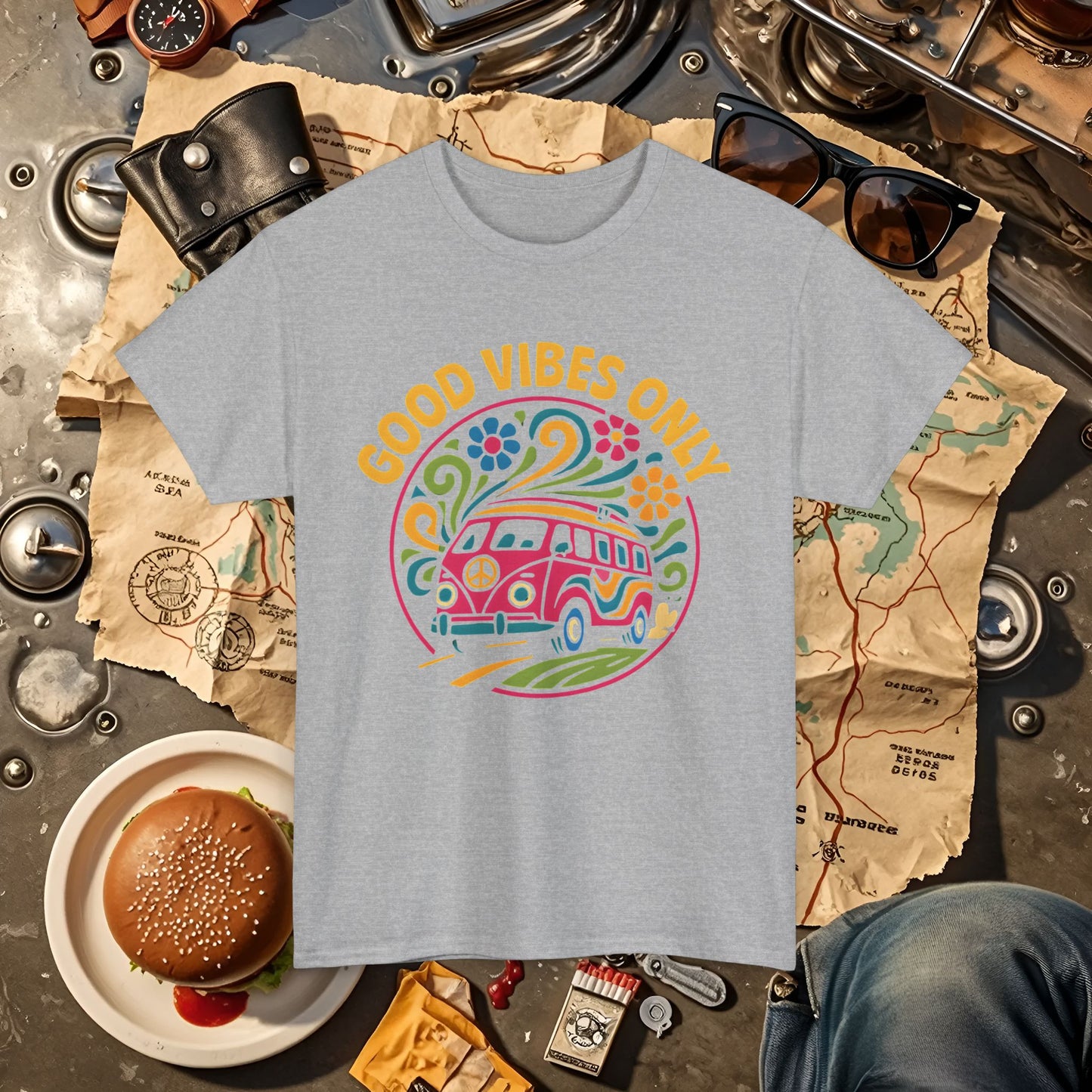 Good Vibes Only T-Shirt – Retro Hippie Van with 70s-Inspired Positivity Road Trip & Vehicle Travel T-Shirts | Car, RV, and Motorcycle Adventure Tees