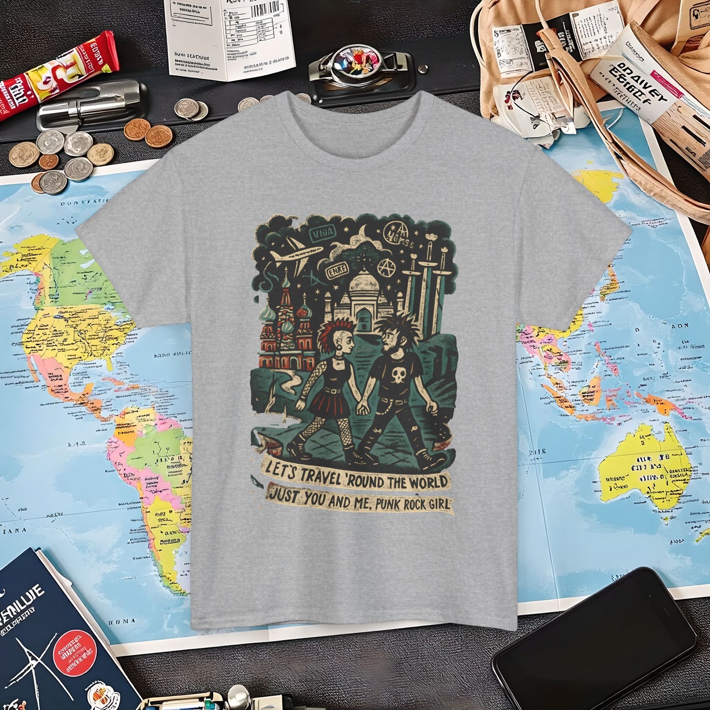 Let’s Travel 'Round the World, Just You and Me – Punk Rock Girl Global Adventure Tee Air Travel T-Shirts | Jetsetter, Airport, and International Flight Tees