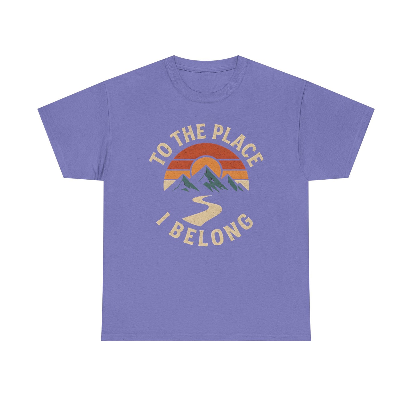 To the Place I Belong T-Shirt – Retro Sunset Mountain Road Travel Badge Road Trip & Vehicle Travel T-Shirts | Car, RV, and Motorcycle Adventure Tees