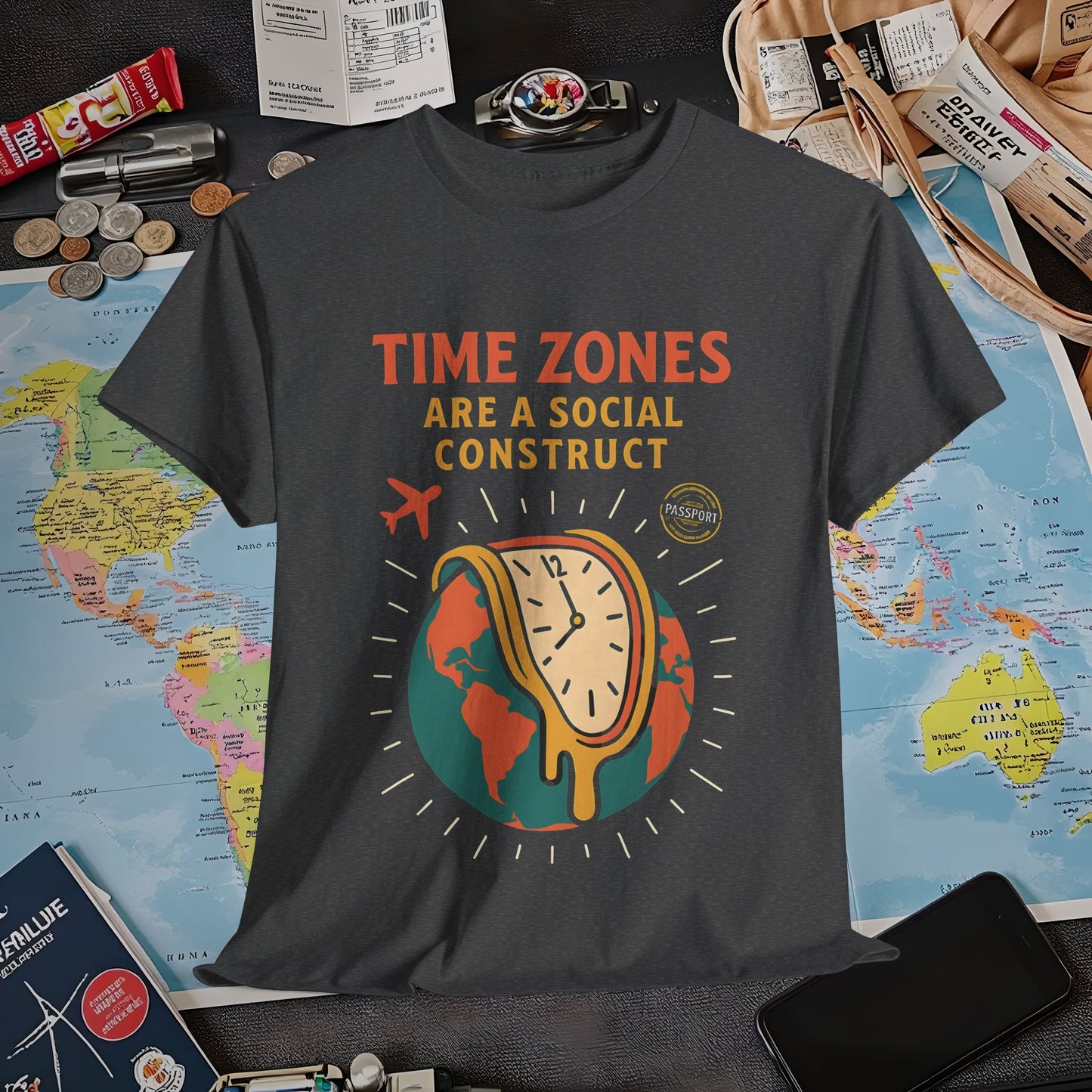 Time Zones Are a Social Construct Tee – Melting Clock Over World Map Travel Shirt Air Travel T-Shirts | Jetsetter, Airport, and International Flight Tees