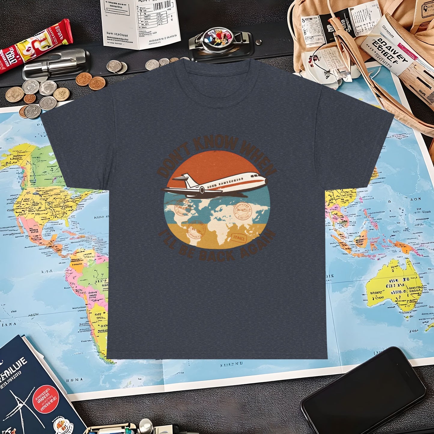 Don’t Know When I’ll Be Back Again T-Shirt – Retro ’70s Jet & Vintage Map Travel Design Air Travel T-Shirts | Jetsetter, Airport, and International Flight Tees