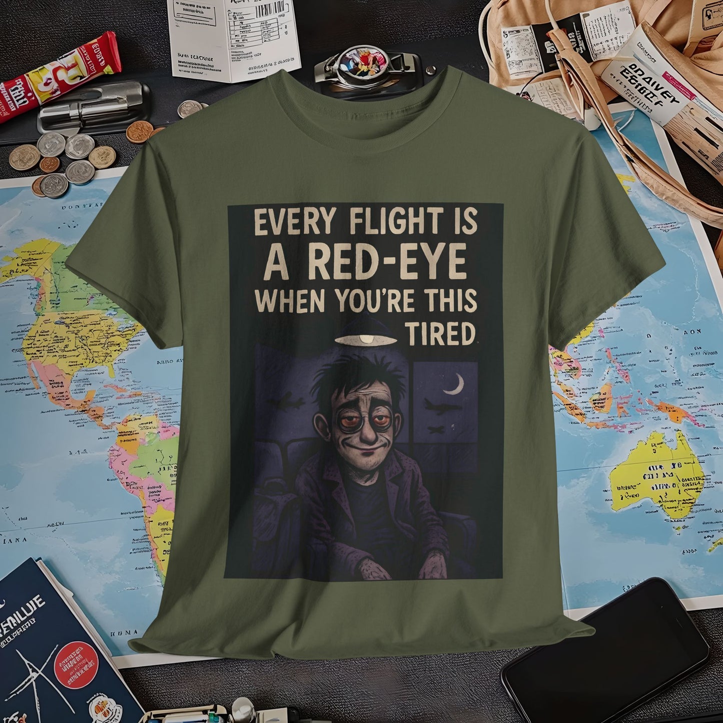 Every Flight Is a Red Eye Tee – Exhausted Traveler Comic Noir Shirt Air Travel T-Shirts | Jetsetter, Airport, and International Flight Tees