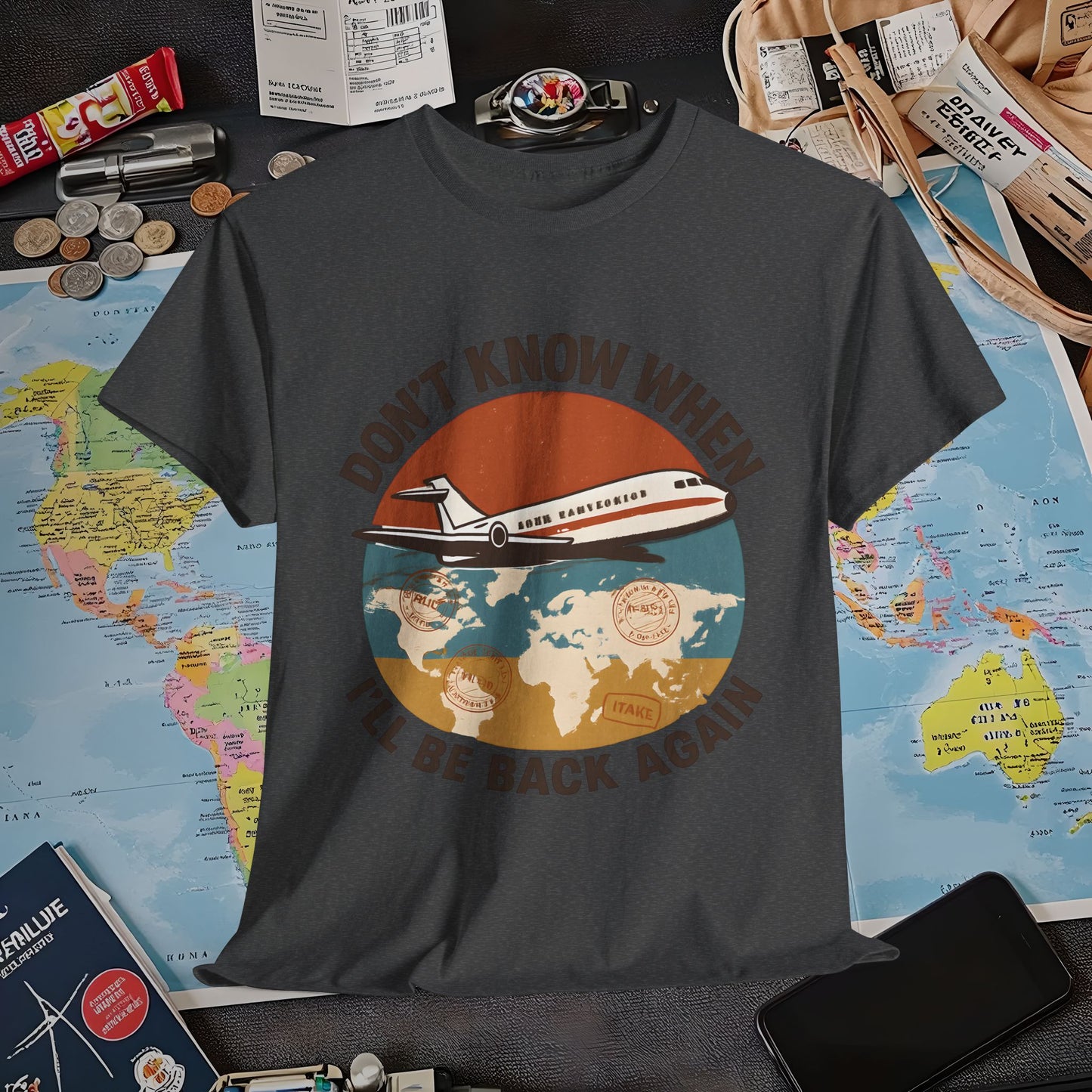 Don’t Know When I’ll Be Back Again T-Shirt – Retro ’70s Jet & Vintage Map Travel Design Air Travel T-Shirts | Jetsetter, Airport, and International Flight Tees