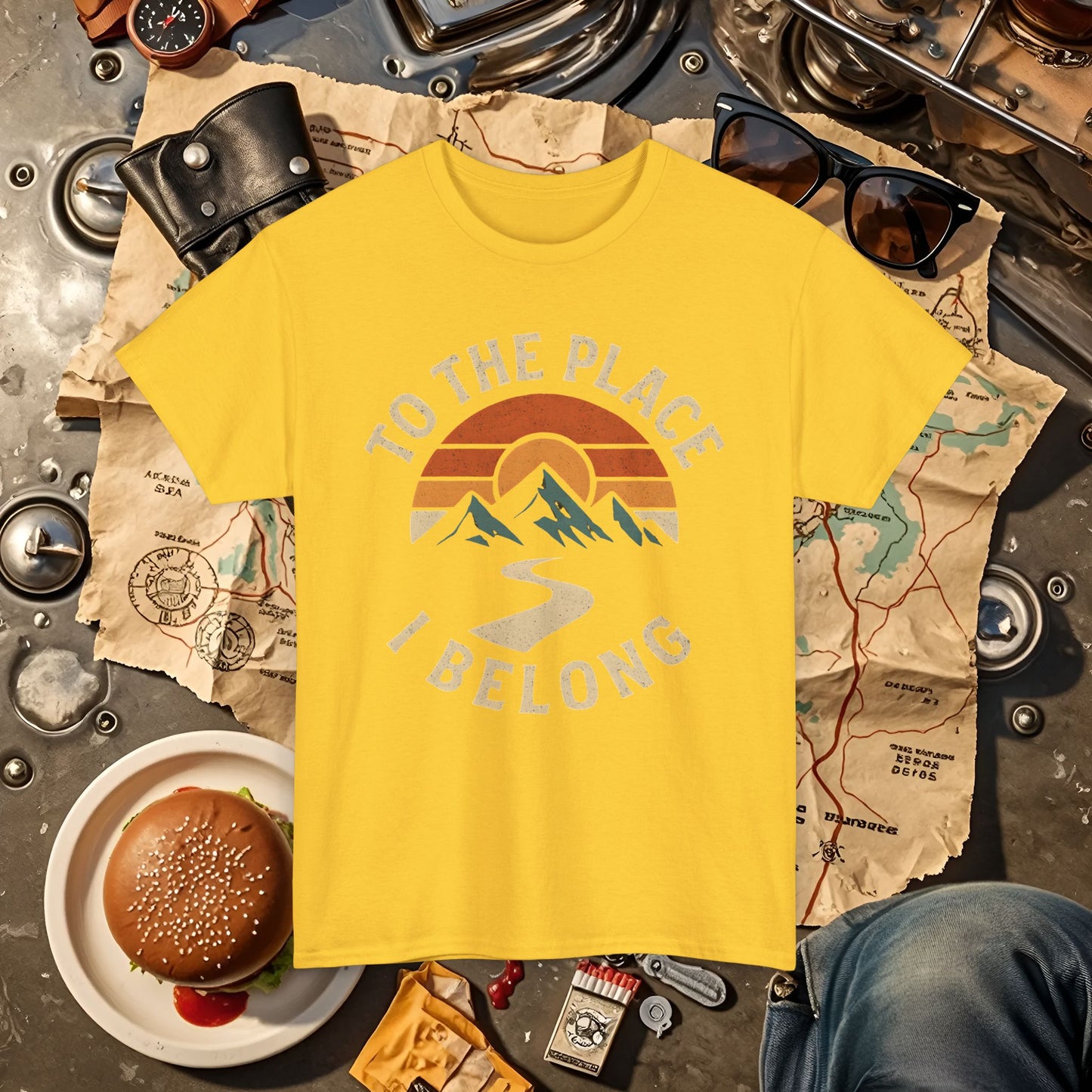 To the Place I Belong T-Shirt – Retro Sunset Mountain Road Travel Badge Road Trip & Vehicle Travel T-Shirts | Car, RV, and Motorcycle Adventure Tees