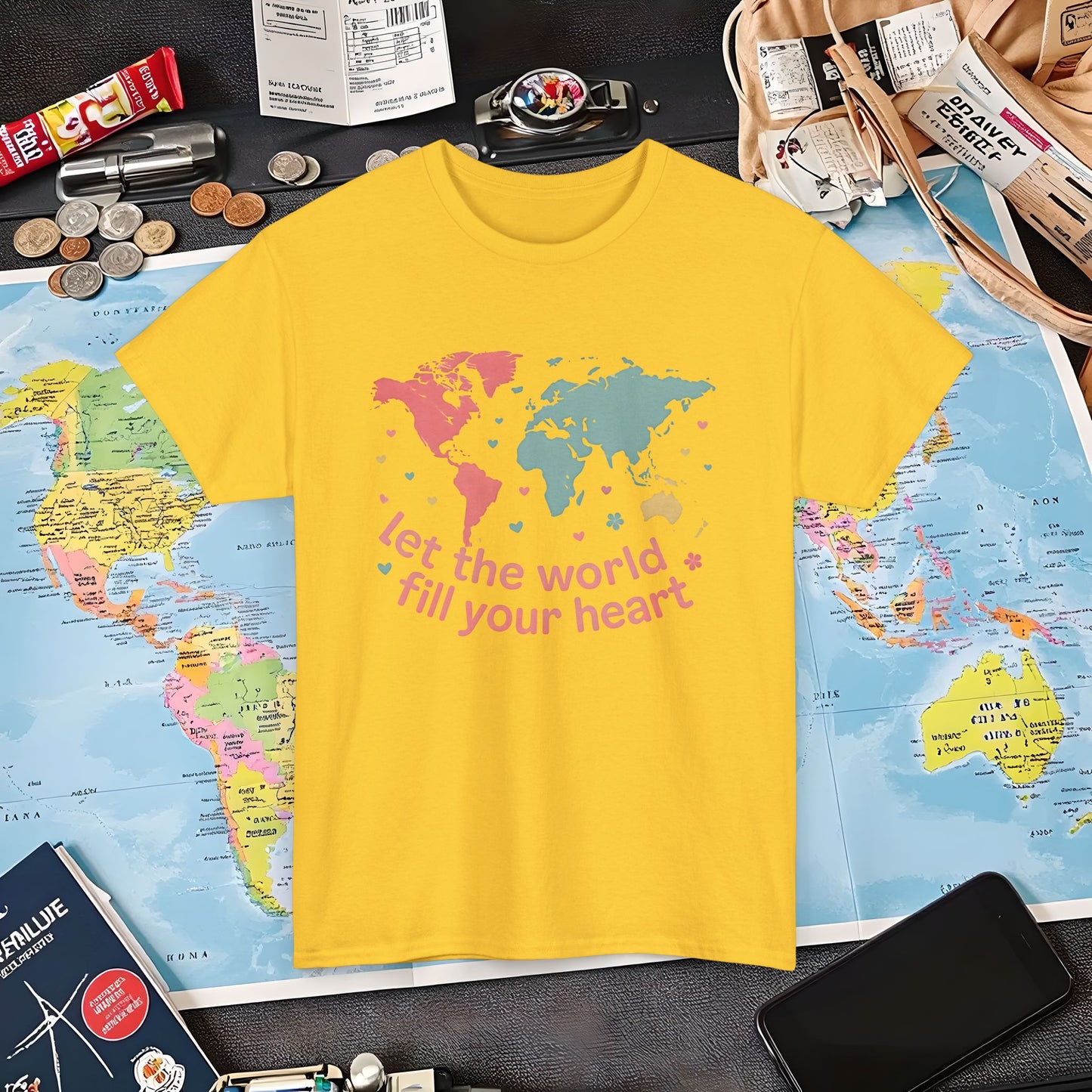 Let the World Fill Your Heart T-Shirt – World Map Adventure Design Air Travel T-Shirts | Jetsetter, Airport, and International Flight Tees