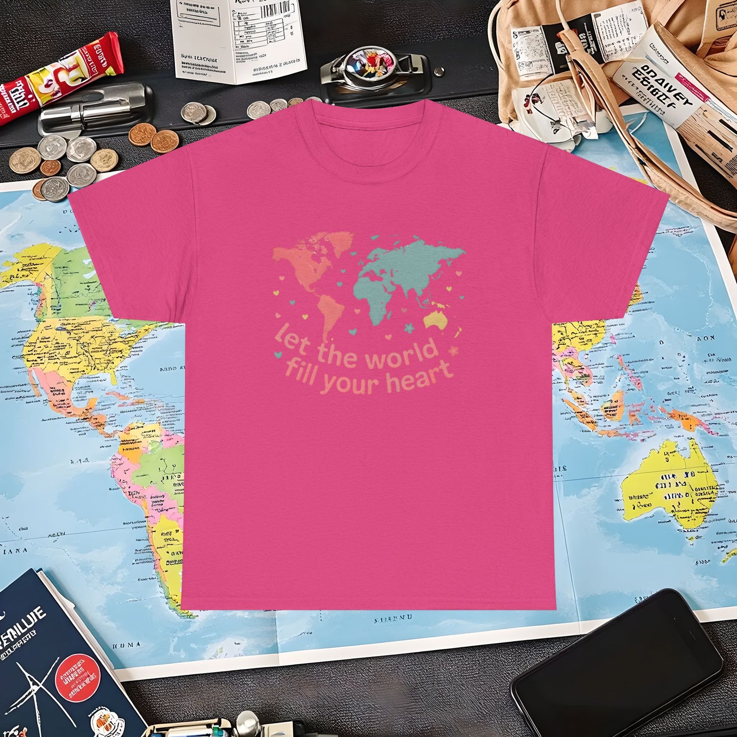 Let the World Fill Your Heart T-Shirt – World Map Adventure Design Air Travel T-Shirts | Jetsetter, Airport, and International Flight Tees