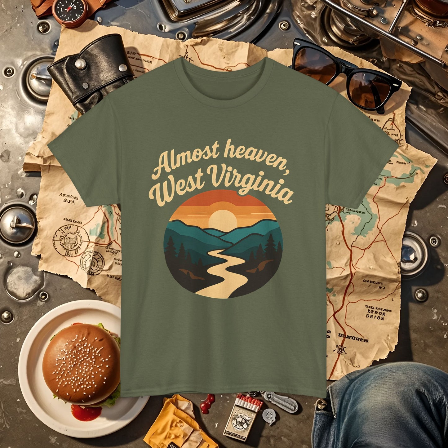 Almost Heaven, West Virginia T-Shirt – Vintage Appalachian Sunset with Winding River Road Trip & Vehicle Travel T-Shirts | Car, RV, and Motorcycle Adventure Tees
