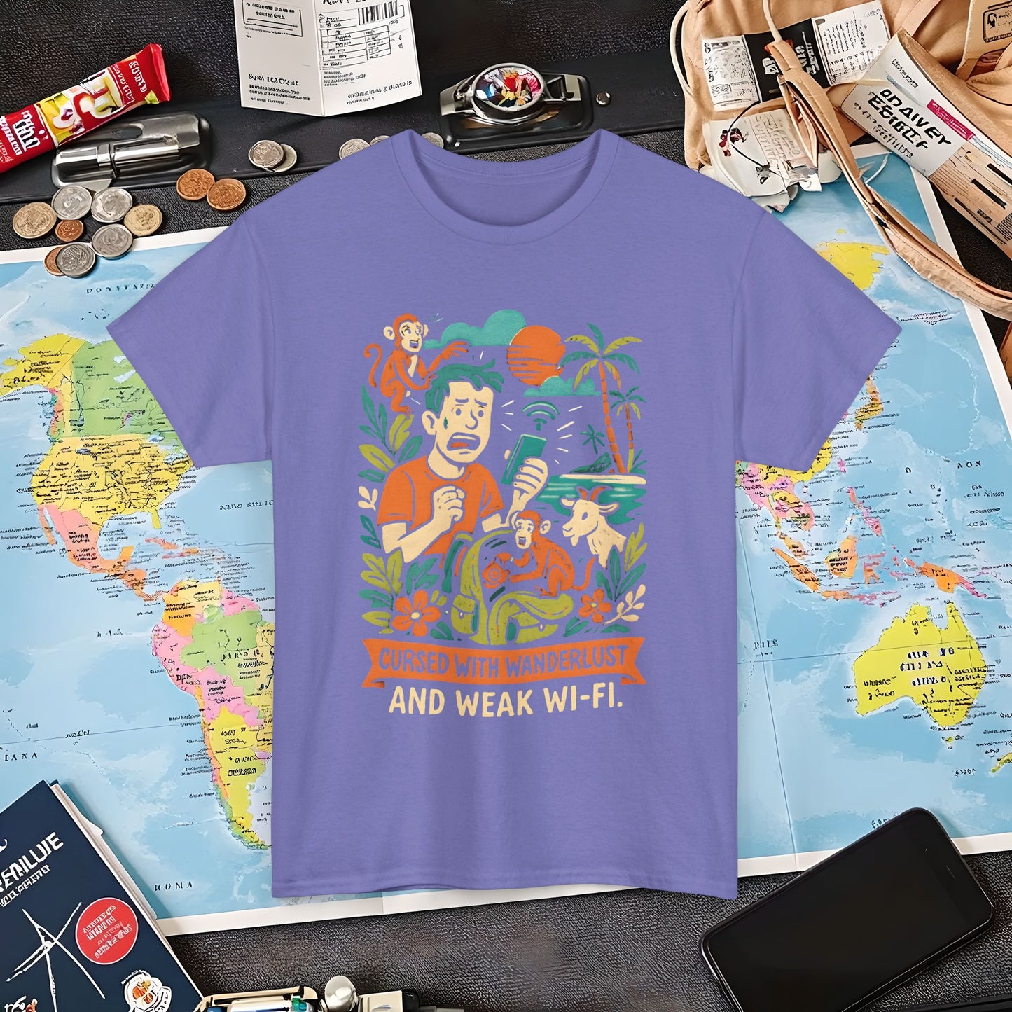 Cursed with Wanderlust and Weak Wi-Fi – Funny Tropical Traveler Frustration Tee Travel T-Shirts | Jetsetter, Airport, and International Flight Tees