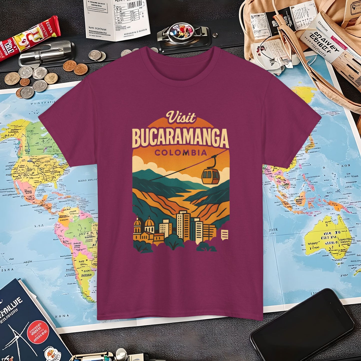 Retro Bucaramanga Skyline with Chicamocha Canyon – Vintage Colombia Travel Tee | Layover Club Air Travel T-Shirts | Jetsetter, Airport, and International Flight Tees