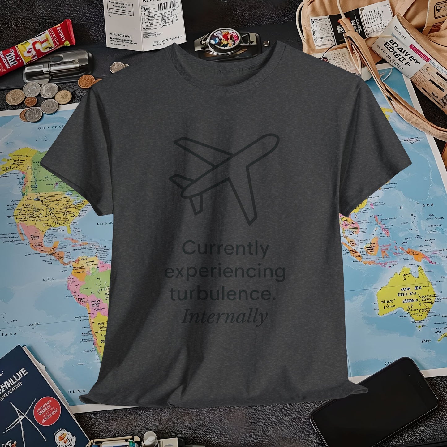 Currently Experiencing Turbulence Internally Tee – Minimalist Airplane Quote Shirt Air Travel T-Shirts | Jetsetter, Airport, and International Flight Tees