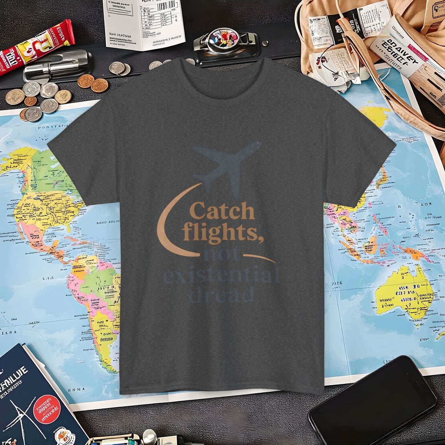 Catch Flights Not Existential Dread Tee – Minimalist Airplane Silhouette Quote Shirt Air Travel T-Shirts | Jetsetter, Airport, and International Flight Tees