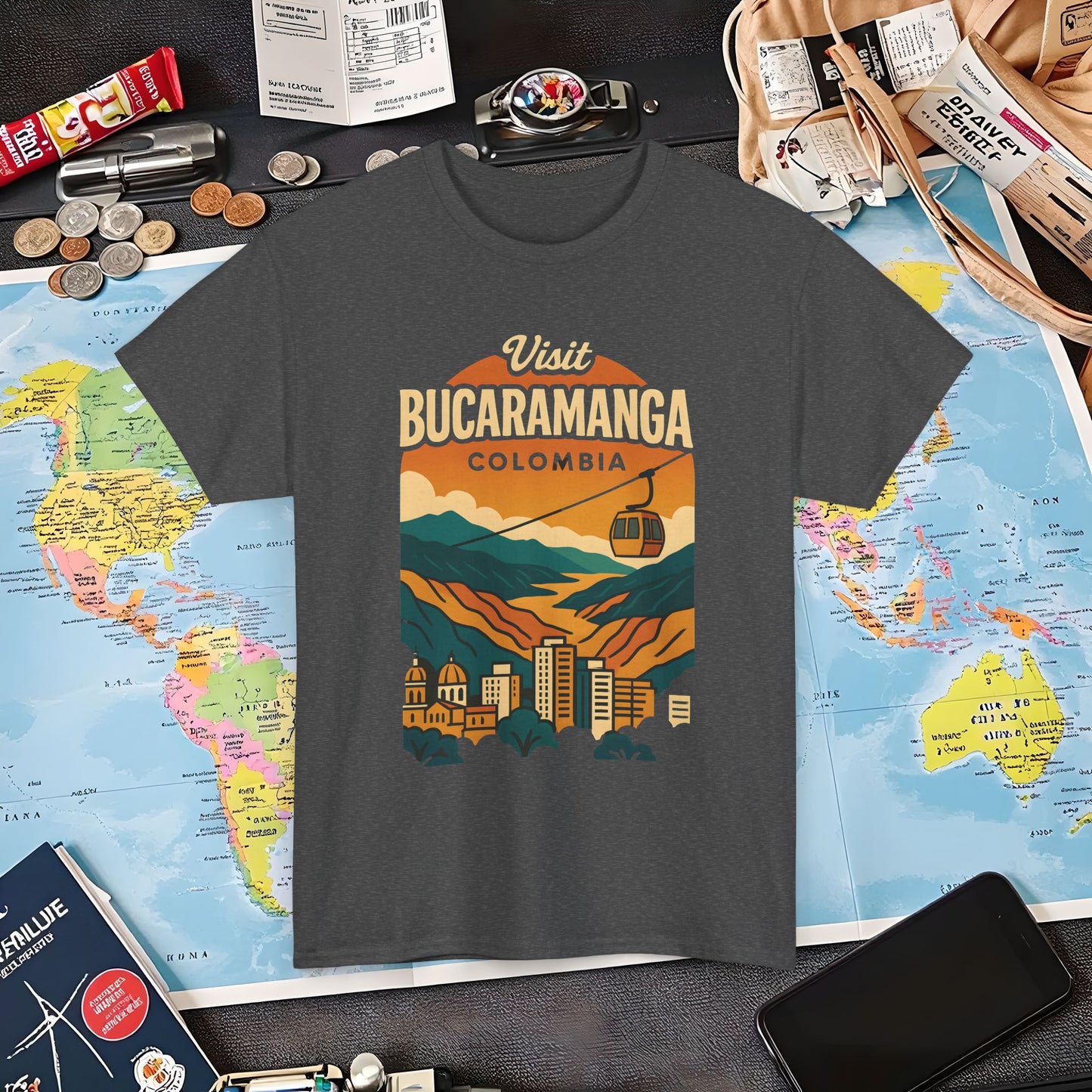 Retro Bucaramanga Skyline with Chicamocha Canyon – Vintage Colombia Travel Tee | Layover Club Air Travel T-Shirts | Jetsetter, Airport, and International Flight Tees